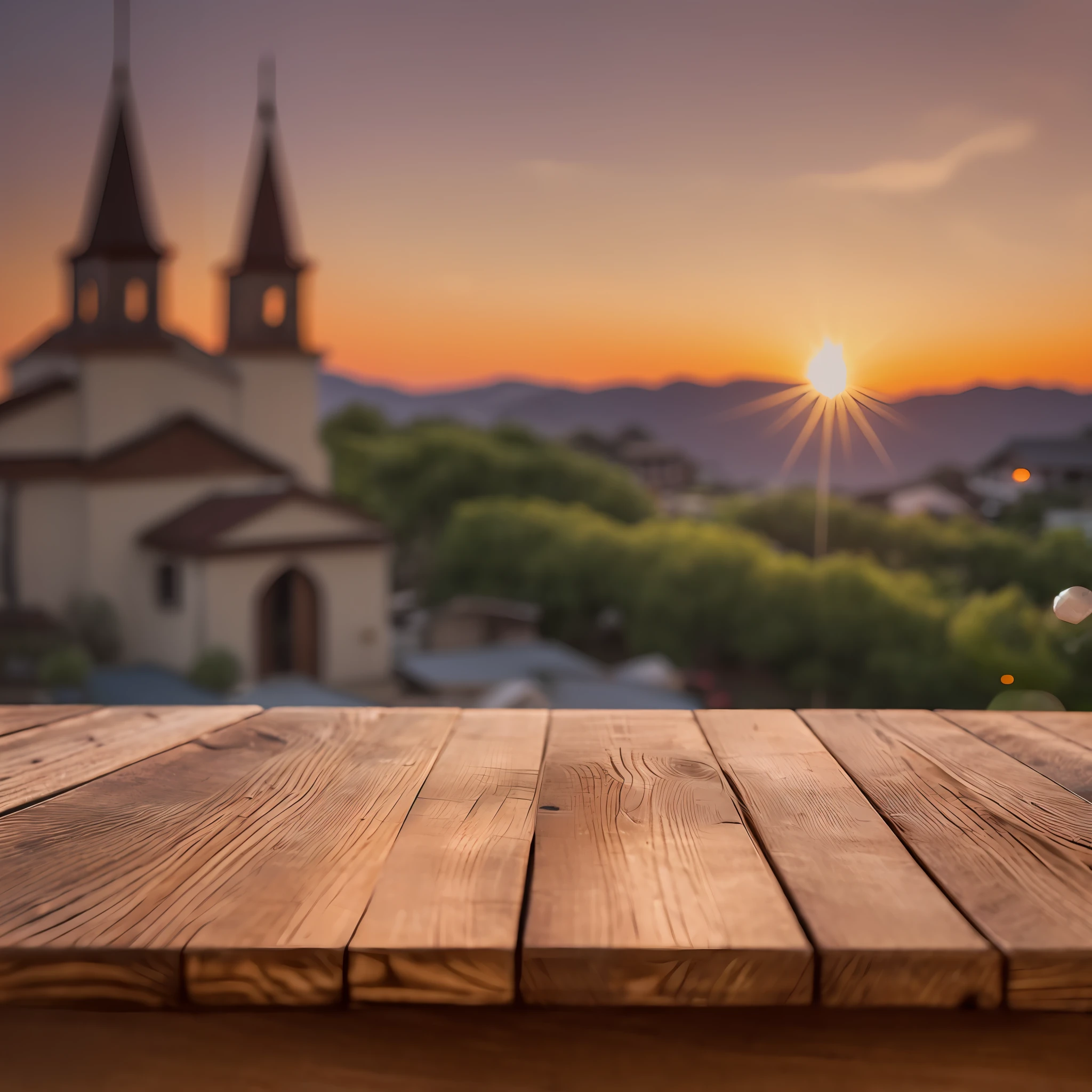 church background, blurred light, sunset color, wood flor and wood table --auto --s2