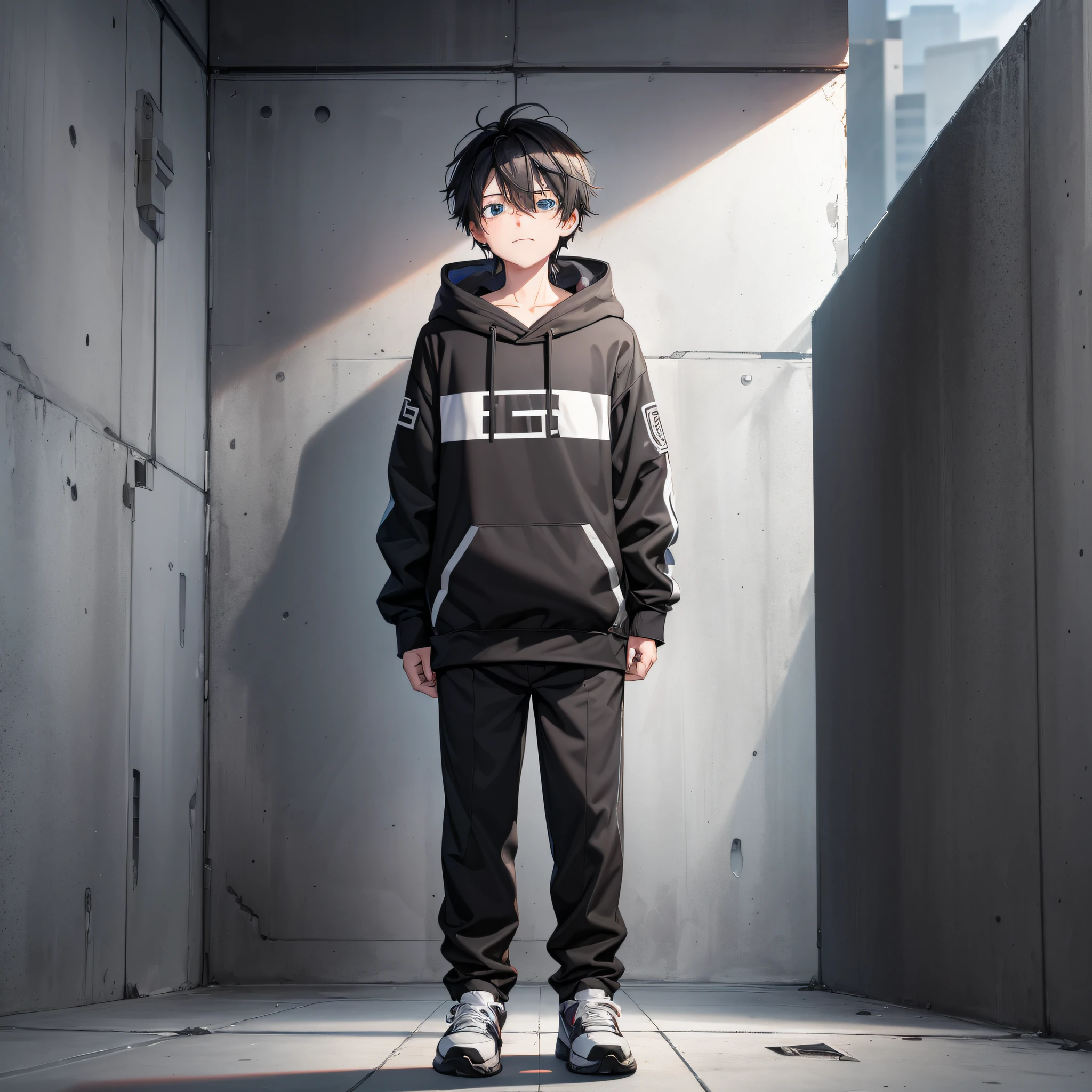 Full body shot of an anime boy with hopeful, wearing chess themed clothes, black and white patches/cubes, naive expression looking up amidst a euphoric, dull simple background. Behind the boy is a straight wall set amidst a 16k environment. The boy is caught in a tired stance, sobbing and crying with depression weighing heavily upon him. The environment is charged with an even mix of dust and particles
