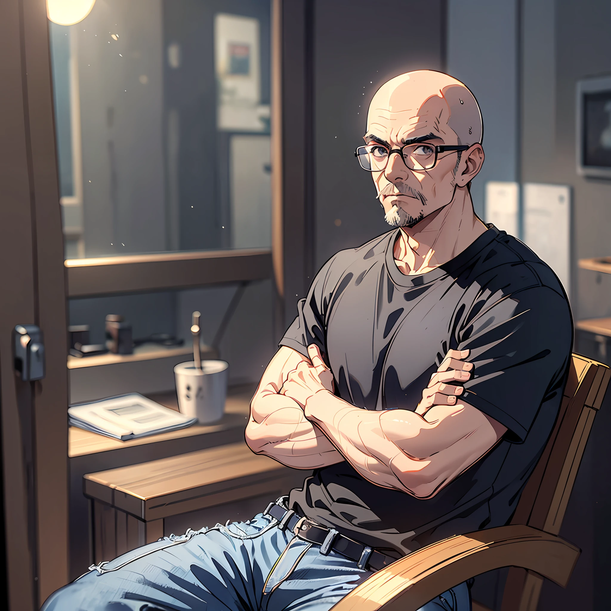 (masterpiece, best quality),150-year-old man, bald, mirrored glasses, gray goatee, black T-shirt, jeans, arms crossed over his chest, warm lighting, blurred foreground, sitting in a square. --auto --s2