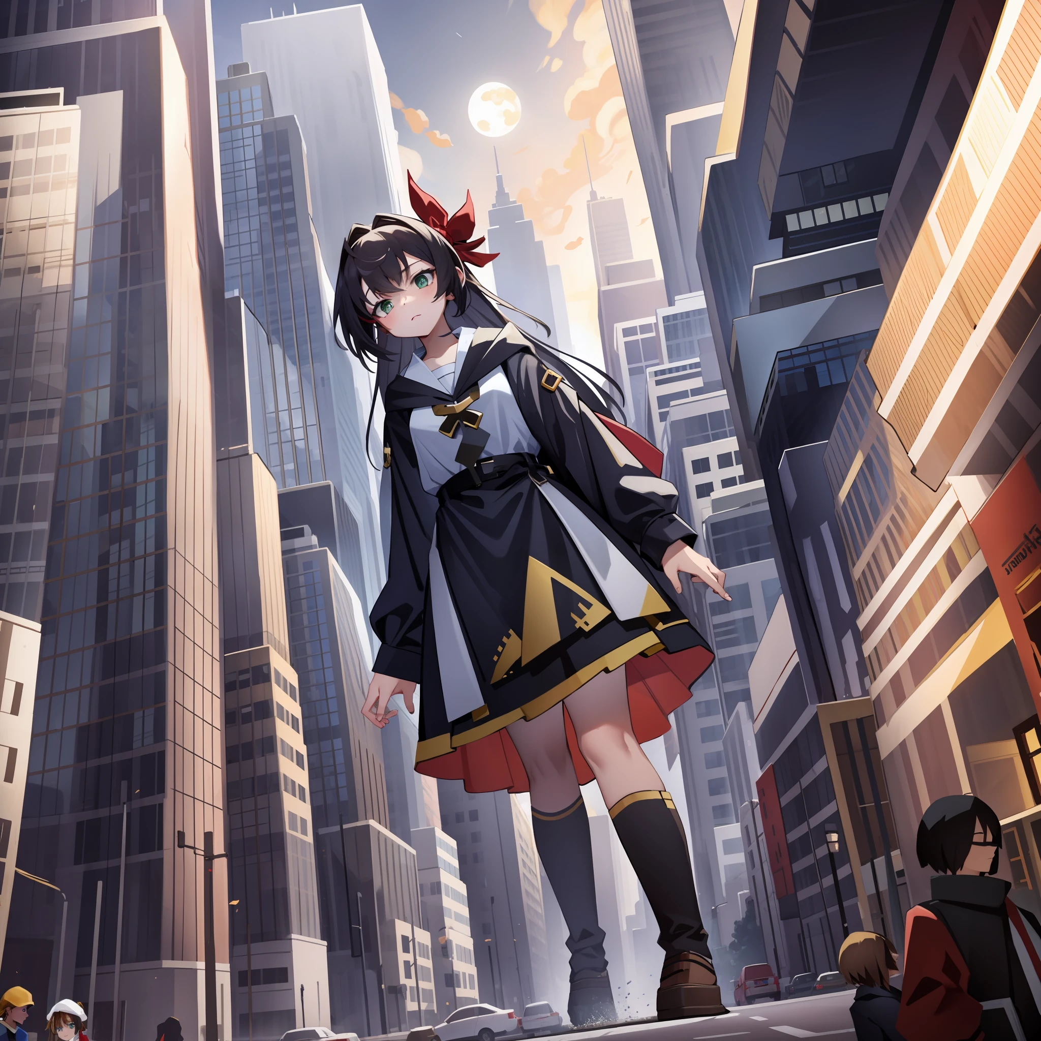looking up , ,(masterpiece:1.1),[Enchanting, Ruined City, Night, On Top of a Crumbled Skyscraper, High Angle, Leaping with Grace, Slender, Monster, Dark Red Skin, Small Breasts, Yellow-Green Eyes, Long White Hair, Tattered Dress, Sultry Stare, Illuminated by the Moon.], , , ,[cga colored lighting, raytracing, HDR], 2girls, size difference