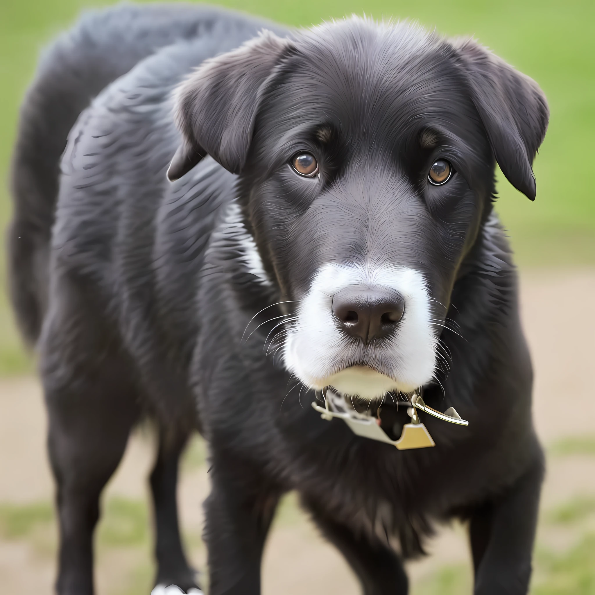 4k, high-res, masterpiece, best quality, finely detailed skin, sharp focus, (cinematic lighting), soft lighting, dynamic angle, defined cornea, perfect face, highly detailed, full body, The image depicts a male Labrador Retriever with shiny black fur. He's standing, staring into the camera with a curious expression. Its body is muscular and well proportioned, with straight legs and paws with black pads. The head has a broad snout, round, expressive eyes, and middle ears. The coat is short and dense, highlighting the characteristic shade and brightness. The dog wears a black collar with a shiny nameplate. His mouth is slightly open, displaying a rosy tongue and white teeth. The image conveys an air of animation and joy, with possible natural scenery in the background, such as a lawn or sunny park