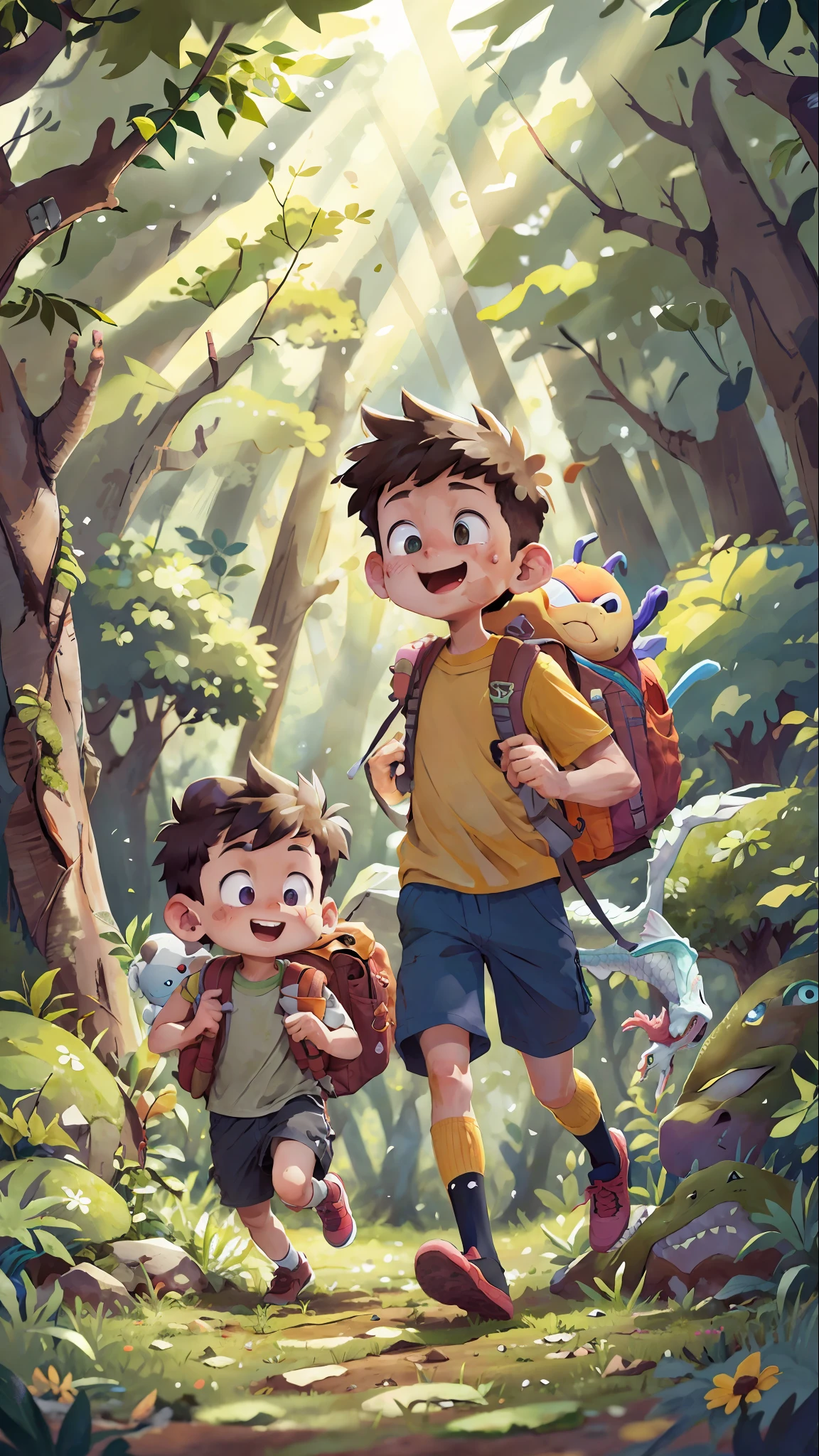 (SFW), two boys running, spring out, happy, backpack on the back, forest in the background, and finds a large wounded dragon,perfect quality, clear focus, colorful, perfect face, intricate details, ultra-low viewing angle, wide-angle lens,createvariations of the same image