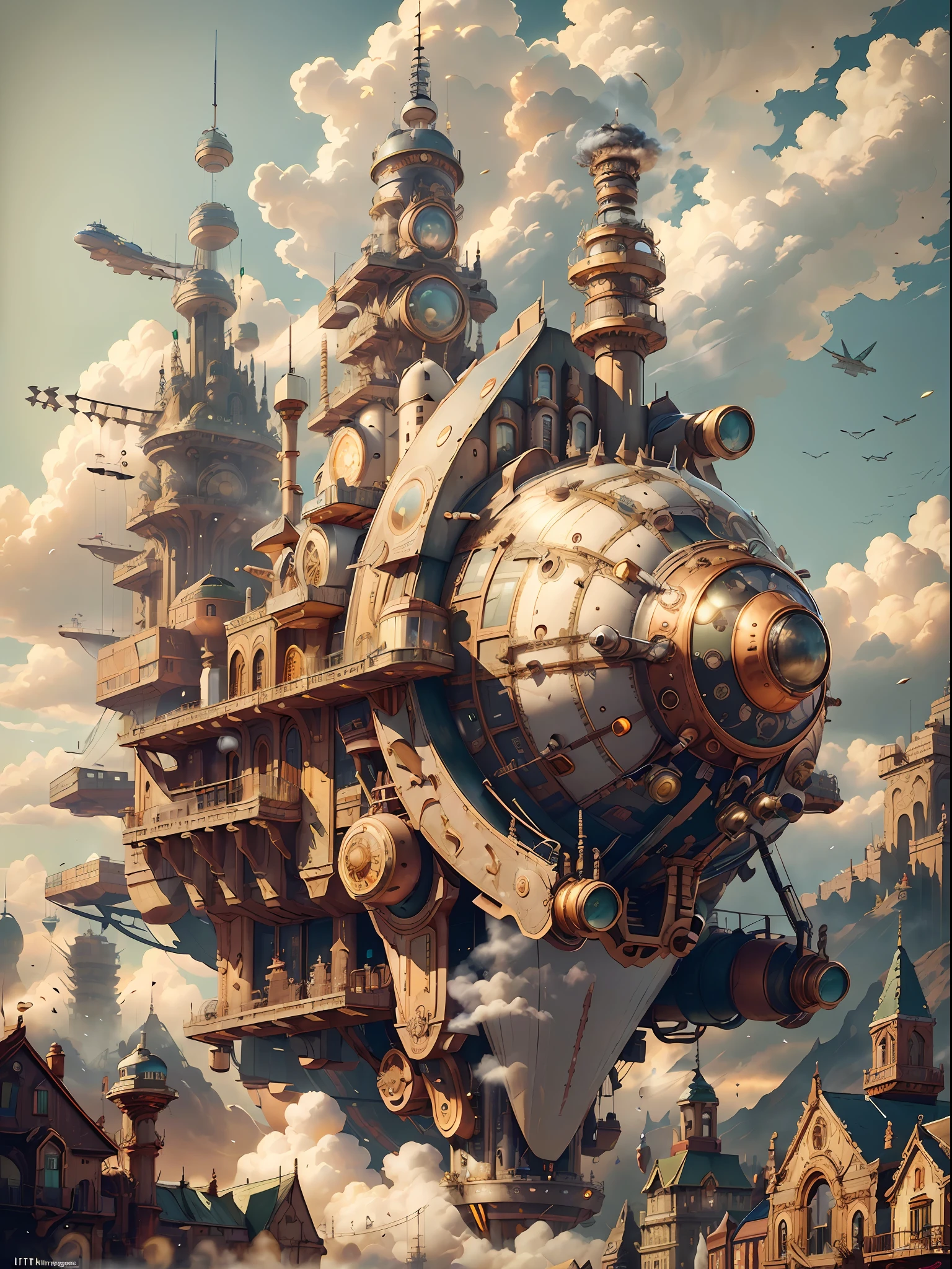 (((best quality))),(((ultra detailed))),(((masterpiece))), illustration, A steam punk city full of copper-green buildings, with steam vehicles and airships shuttling on the streets, and steam robots and ships carrying smoke filling the sky. Full shot photo of the most beautiful artwork in the world featuring steam punk city with airship, steam vehicles, smoke-filled sky, intricate details, high resolution, trending on social media, Instagram-worthy, futuristic, industrial, mechanical, vintage, retro-futuristic, cyberpunk, trending on ArtStation, trending on CGSociety, sci-fi, adventure, mystery, excitement, trending on DeviantArt.