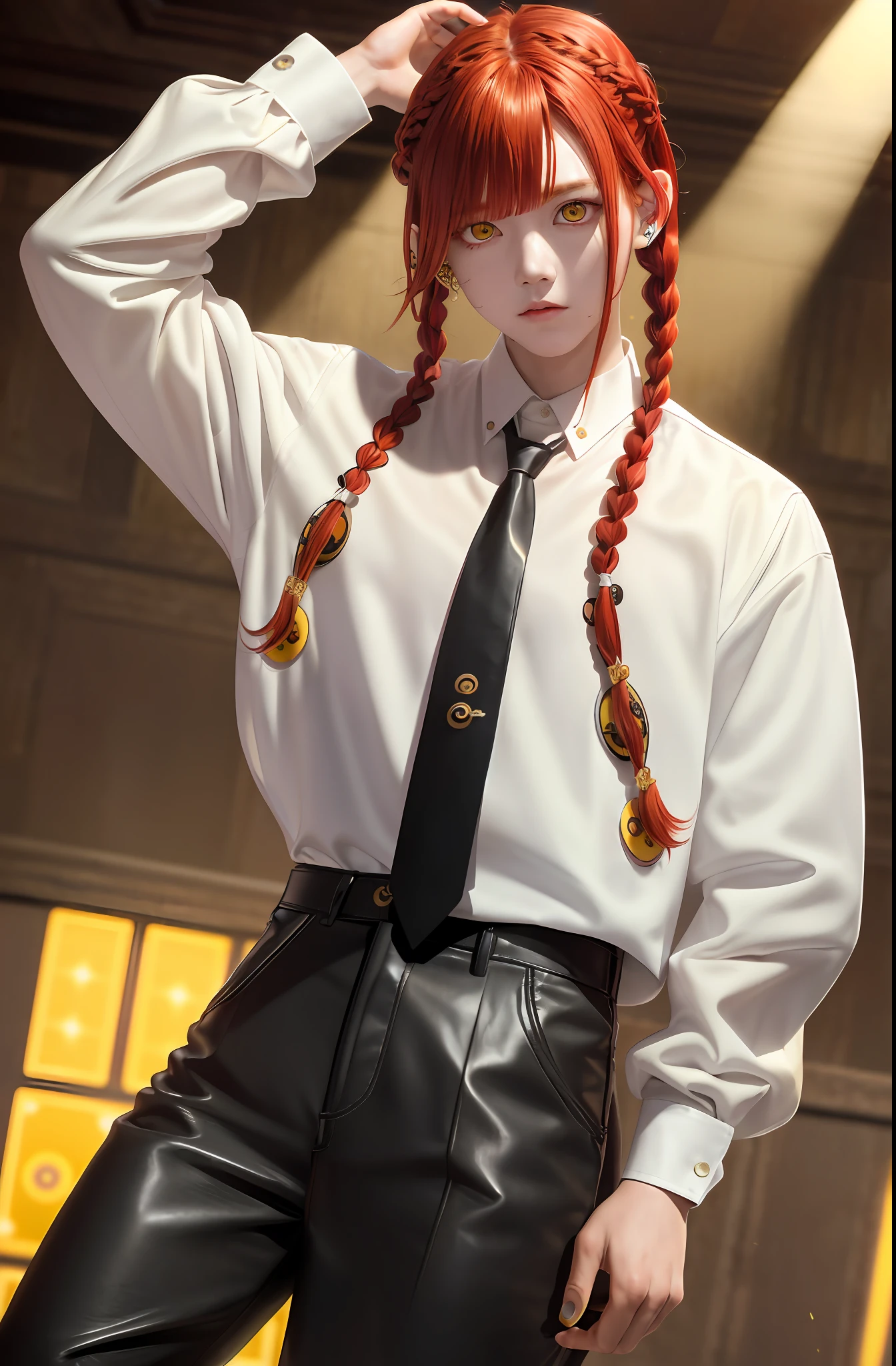 Masterpiece, (Realism: 1.4), Best Quality, Beautiful Lighting, (Ulzzang-6500:0.5), Makima \ (Chainsaw Man\), (Red Hair) + (Long Braid) + (Bangs), Yellow Eyes, Golden Eyes, ((Eye Circles)), (White Shirt), (Tie), RAW Photos, 8K UHD, Film Granules, Handsome Leather Pants Beauty,