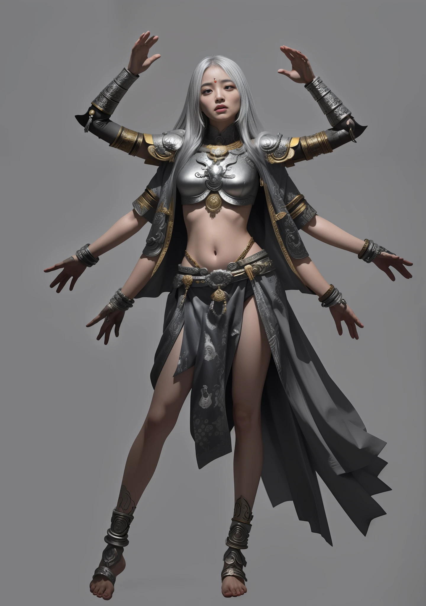 Asura Goddess, Buddhist elements, detailed face and eyes, silver long hair, full body, Japanese armor, rich details, gorgeous patterns, shabby fabric, barefoot, realistic, photo, masterpiece, realism, high contrast, realistic digital art trends in Artstation 8k HD HD details realistic, detailed, skin texture, super detailed, realistic skin texture, armature, best quality, super high resolution, (realistic:1.4),, high resolution, detailed, original photo, sharp re, Lee Jeffries Nikon D850 Film Stock Photo 4 Kodak Portra 400 Camera F1.6 Lens Rich Colors Ultra-realistic textures Dramatic lighting Unreal Engine Trends on the Art Station Movie Still 800