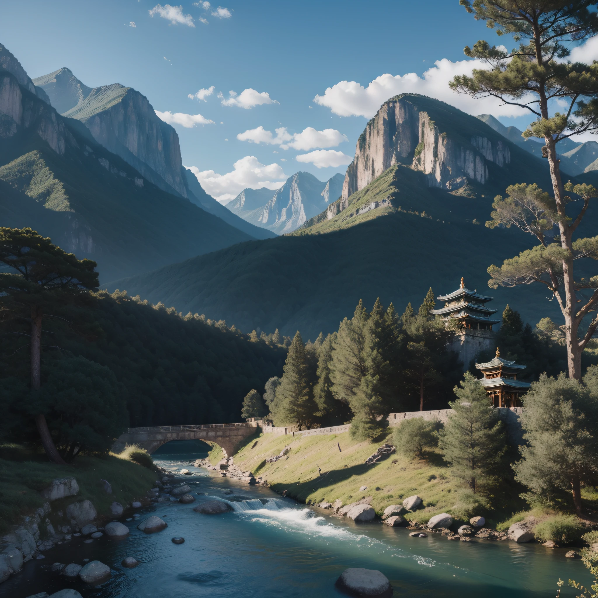 8K, masterpiece, realistic style, landscape photography, cinematic lighting, clear sky, rolling mountains, an ancient temple at the foot of the mountain, the ancient temple is located in the lower right corner of the picture, there are many large trees around the temple, there is a small river in the lower left corner, and there is a small bridge over the river