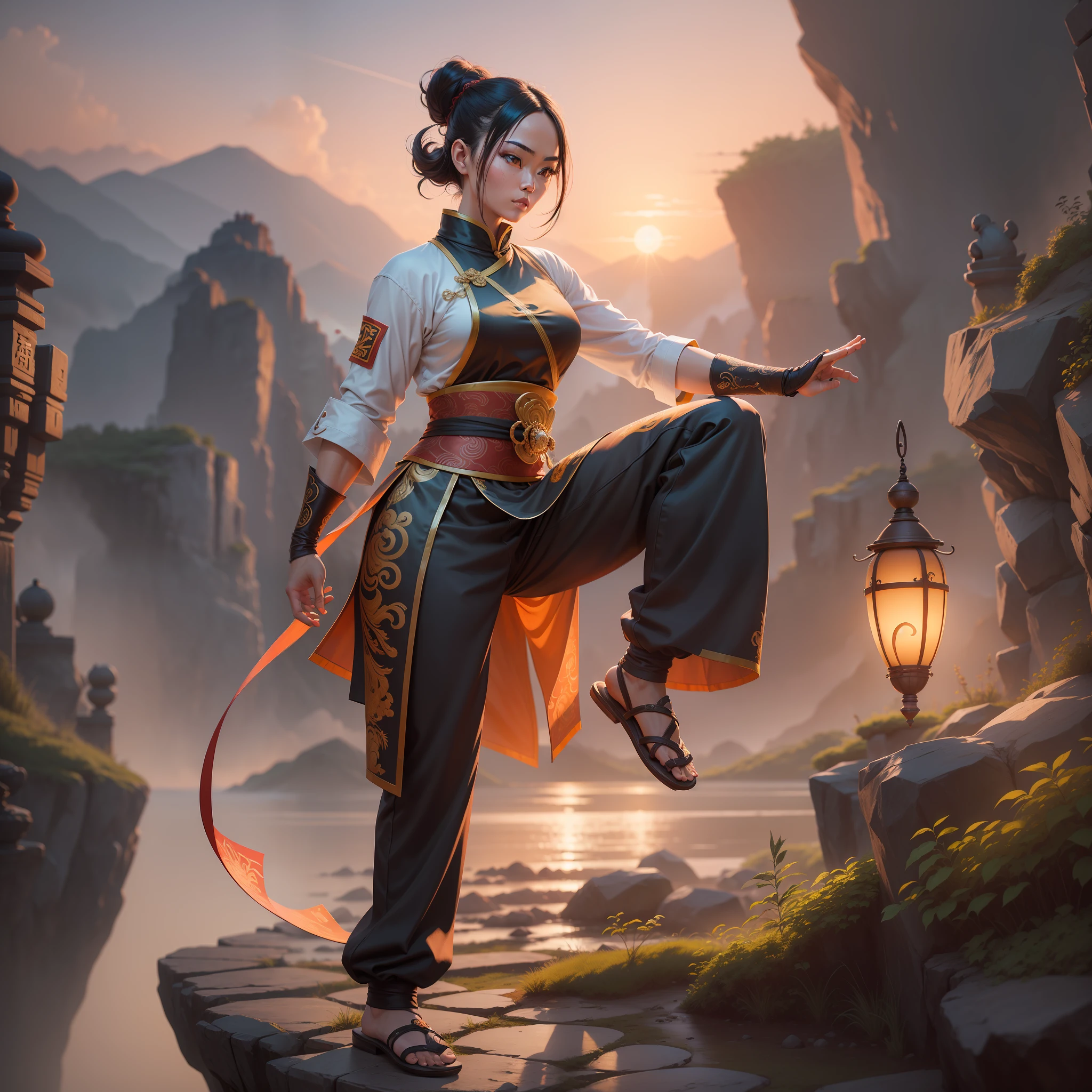 a kung-fu master 2d illustration, highly detailed photo, landscape, sunset, highly detailed photo, natural lighting, fashion photography, hasselblad helios 44-2