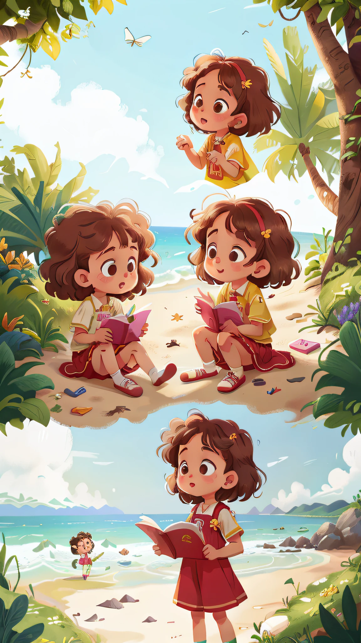 Two twin girls curly brown hair, Livia and Lavinia on the beach rhyming in the area