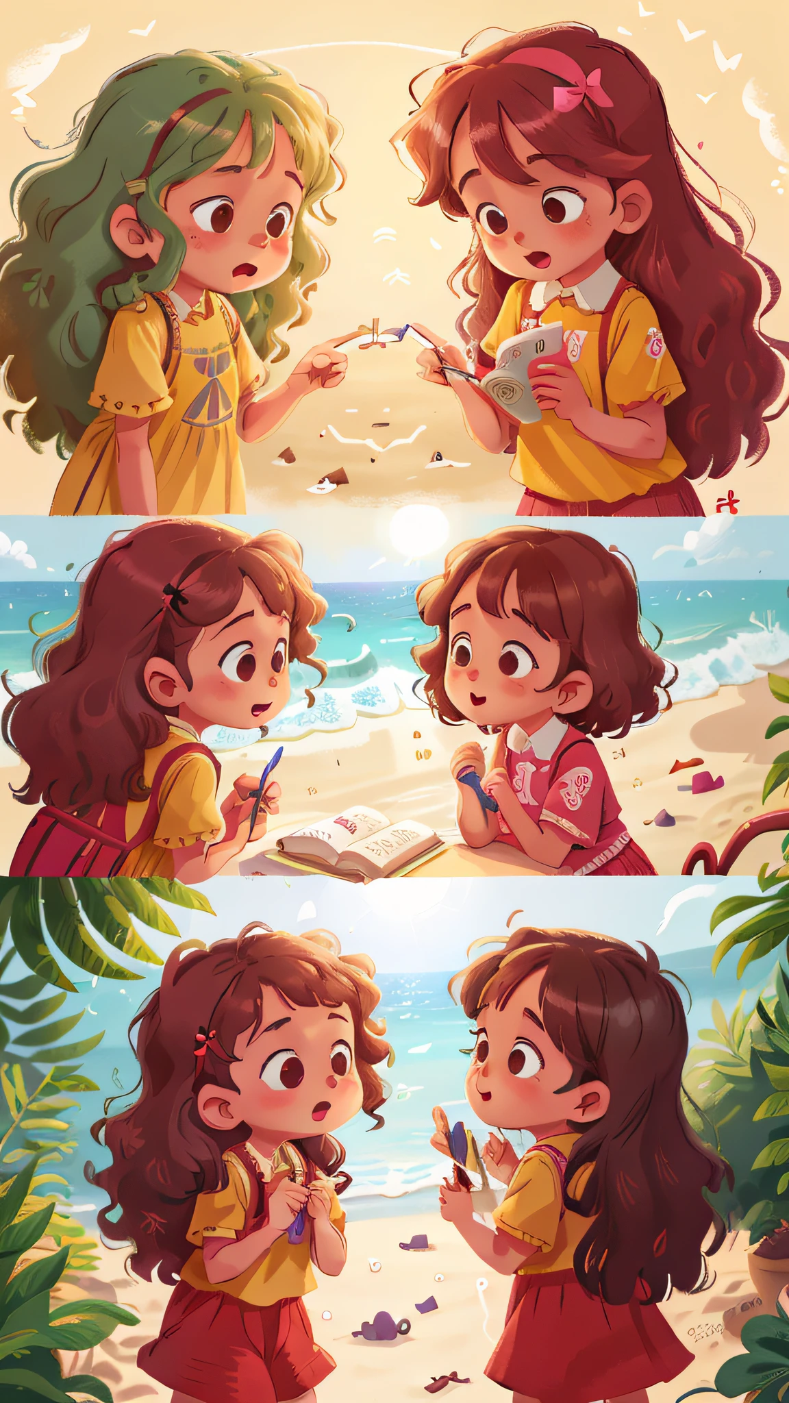 Two twin girls curly brown hair, Livia and Lavinia on the beach rhyming in the area
