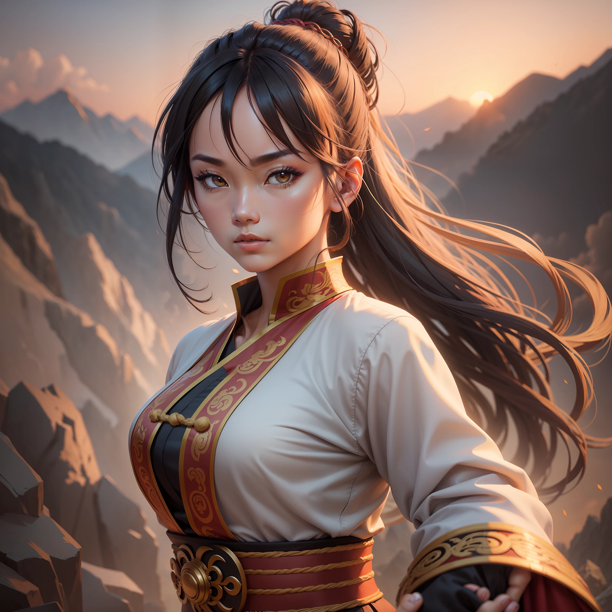 a kung-fu master 2d illustration, highly detailed photo, landscape, sunset, highly detailed photo, natural lighting, fashion photography, hasselblad helios 44-2