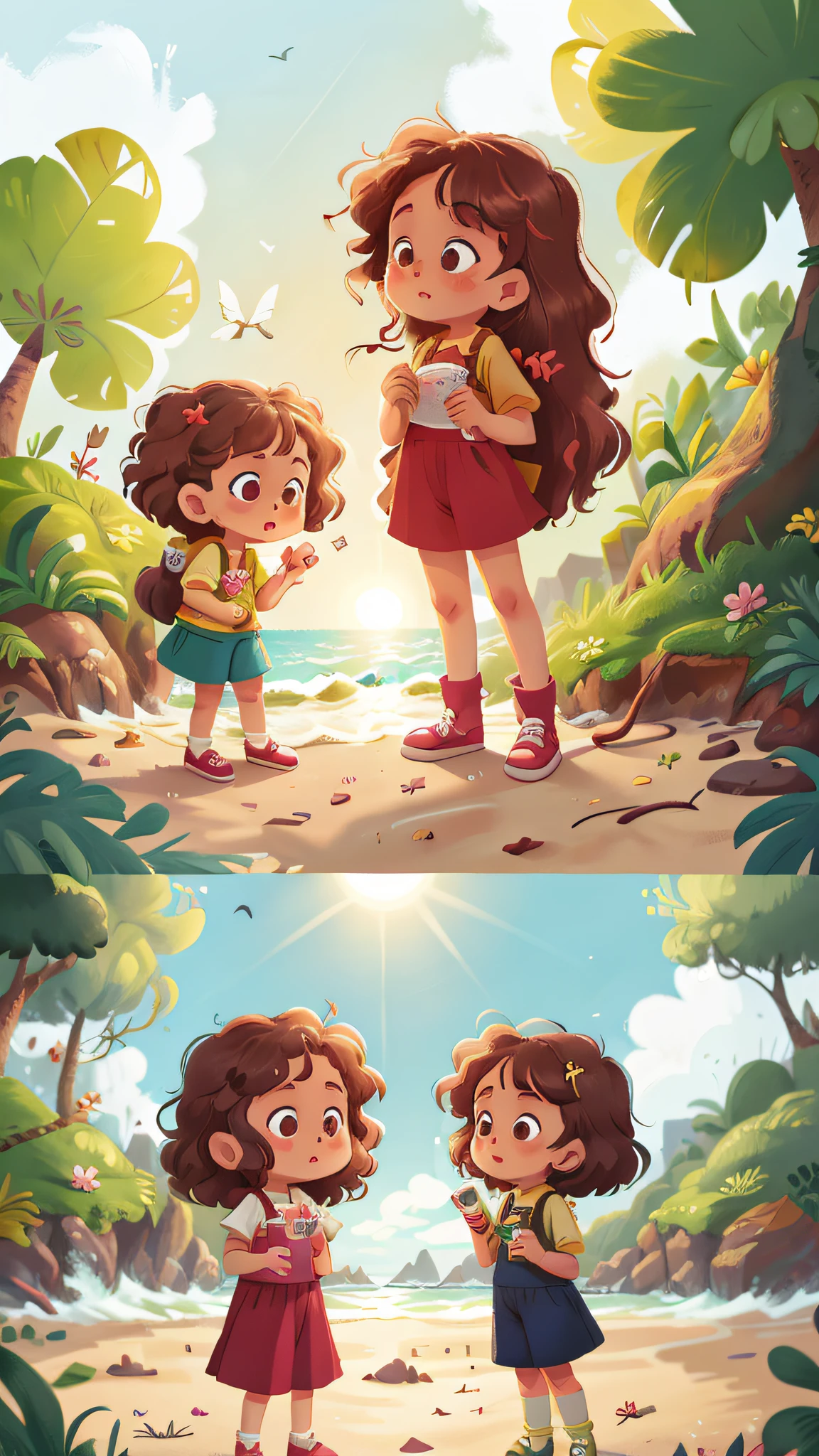 Two twin girls curly brown hair, Livia and Lavinia on the beach rhyming in the area