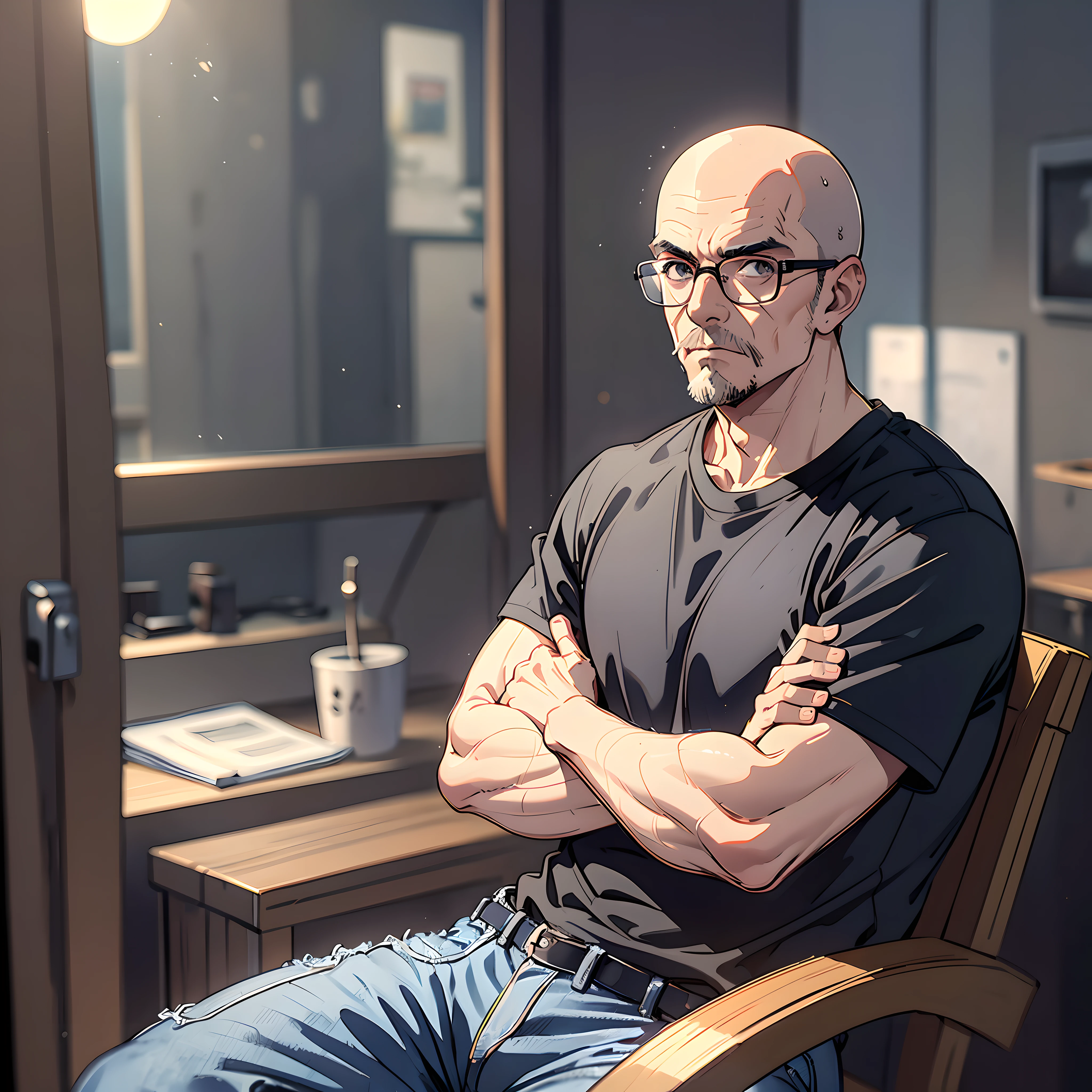 (masterpiece, best quality),150-year-old man, bald, mirrored glasses, gray goatee, black T-shirt, jeans, arms crossed over his chest, warm lighting, blurred foreground, sitting in a square. --auto --s2