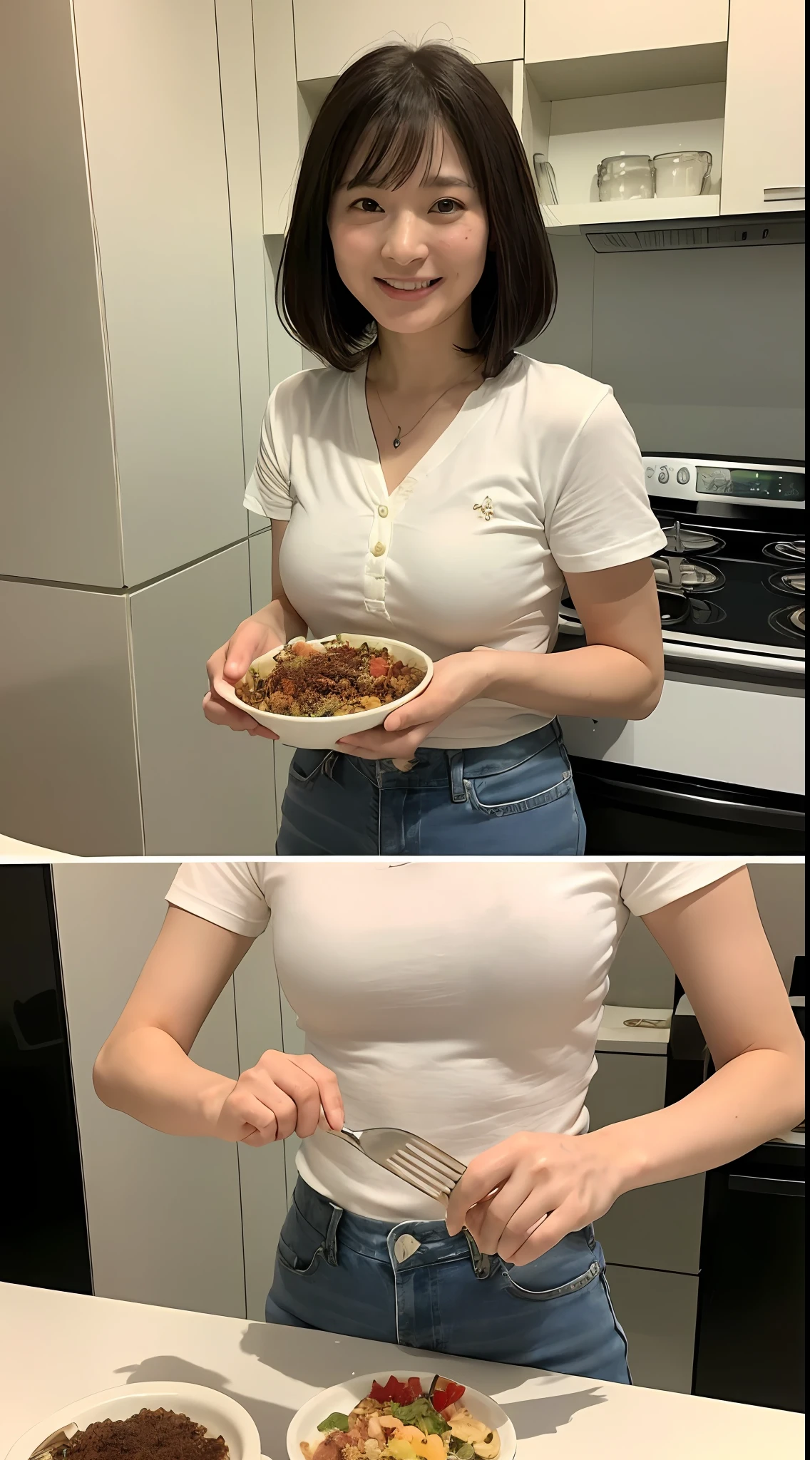 ((top quality, 8k, masterpiece: 1.3)), sharp focus: 1.2, beautiful woman with perfect body: 1.4, slim abdomen: 1.2, (((layered haircut, big: 1.2)), (no bra) (small and beautiful hard (thin moist buttons up to shirt length: 1.1), (white shirt wet from rain), (rain, street: 1.2), I began to look for ways to solve my problems with my diet. But I soon realized. To solve your own diet problems, it's not enough to just gather information.
That I really have to act.
But I wasn't sure I could do it. I draw an episode in which I refuse to solve the problem at least once because of my busyness and lack of cooking skills.
One day, I happened to meet a friend who was familiar with healthy eating and cooking variations. It was an encounter with a wise man to solve my problems with eating.
My friend is a woman who, like me, works at an IT company, and her name is Keiko Matsumoto. Keiko lives alone and does both work and housework by herself. But she still cooks healthy and delicious meals every day.
"Keiko-san, how do you cook such a nice meal?" I asked.
"Huh? It's not that nice. I'm just making what I love," Keiko laughed.
"But how did you learn the recipes and cooking methods? I continued.
"Yes, it was time-consuming and expensive at first. But gradually I got the hang of it and it became fun. I saw recipes and cooking methods on the internet, in books, and learned from friends and family. I also did some trial and error myself," Keiko replied.
I said, "Wow, I want to do that too, but I don't know where to start."
"Well, then I'll tell you. It's about healthy eating and cooking variations that I know," Keiko said.
I was delighted and grateful. I said, "Thank you, if Keiko-san can teach me, I feel like I can do my best."
"Okay, let's make a fun and healthy meal together," Keiko said with a smile.
After I met Keiko, I received a lot of advice from her. For instance
- Plan a week's worth of menus
- Include a lot of vegetables and fruits
- Use seasonings and oils sparin