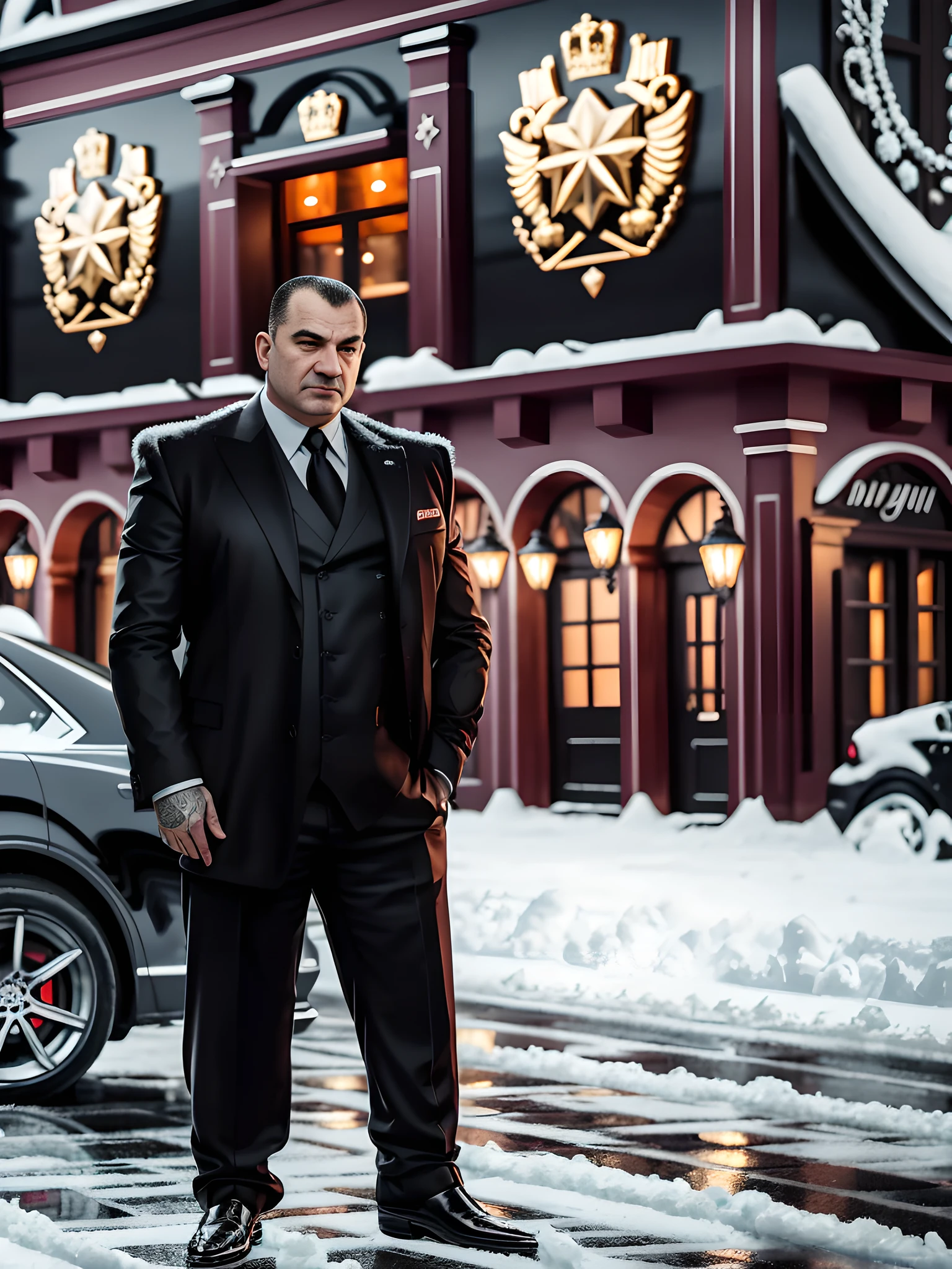 Recreate an image of a Russian mafioso boss standing on the street in front of an old luxury black car in the center of Moscow in winter at dusk, outside a restaurant with the inscription "Beluga"