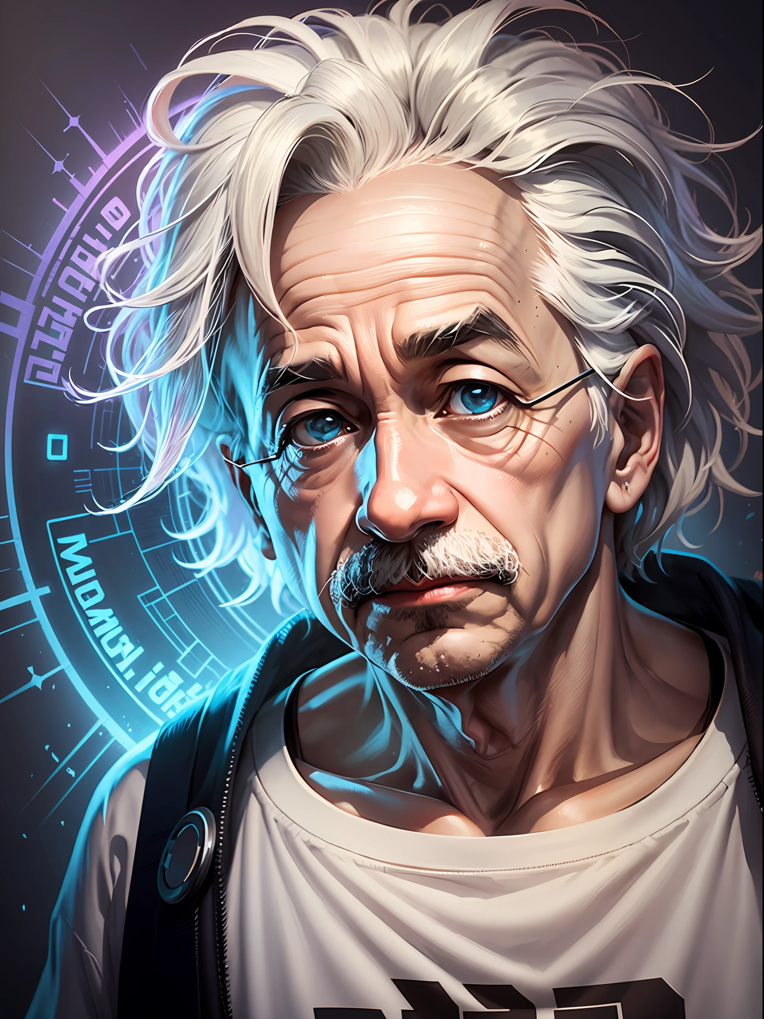 T-shirt design, Albert Einstein 2D illustration, full face, epic lighting, realistic, cinematic, dark background, circular board, gradient edges --stylize 500 --air 3:4 --auto --s2