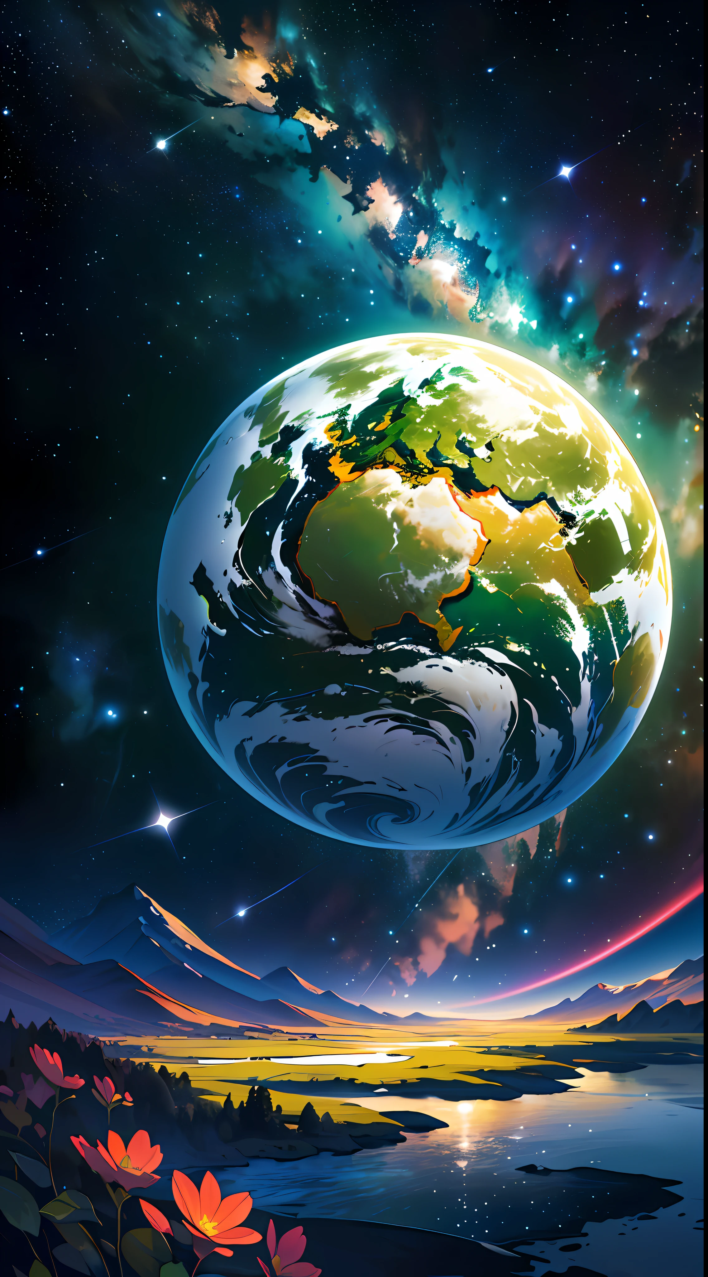 (Best Quality, Masterpiece), A Beautiful Earth, ((No Man)) (Beautiful Nature with Earth Illustration), (Living, Plants, Green), (Bright Stars), (Hyperdetail, Dynamic Camera), (Wide Angle), (Celestial Lighting), (Vivid Colors and Saturation)