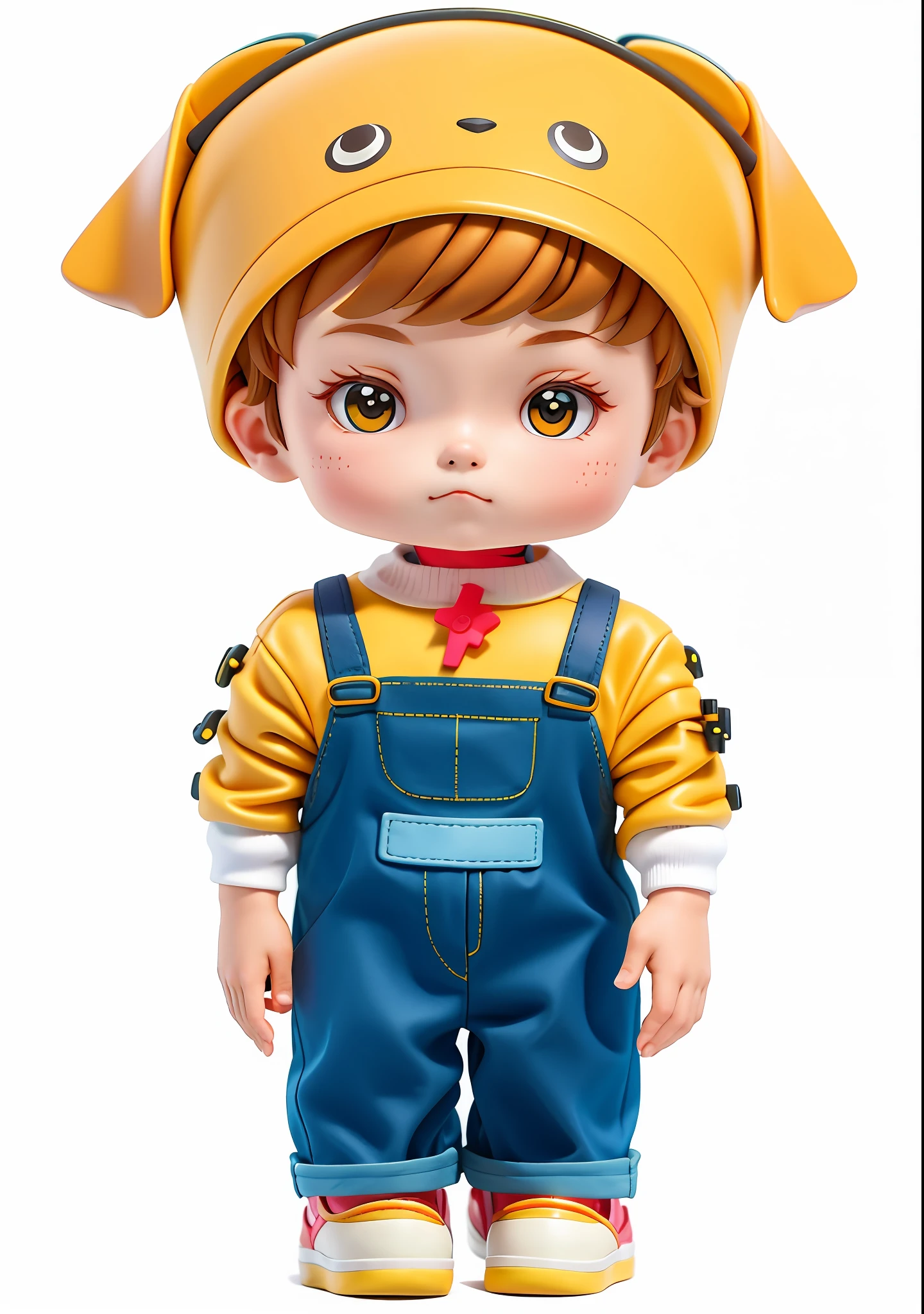 Blind box toy style, with a cute dog hood, a cute  boy with yellow-brown hair, strappy jeans, flat shoes