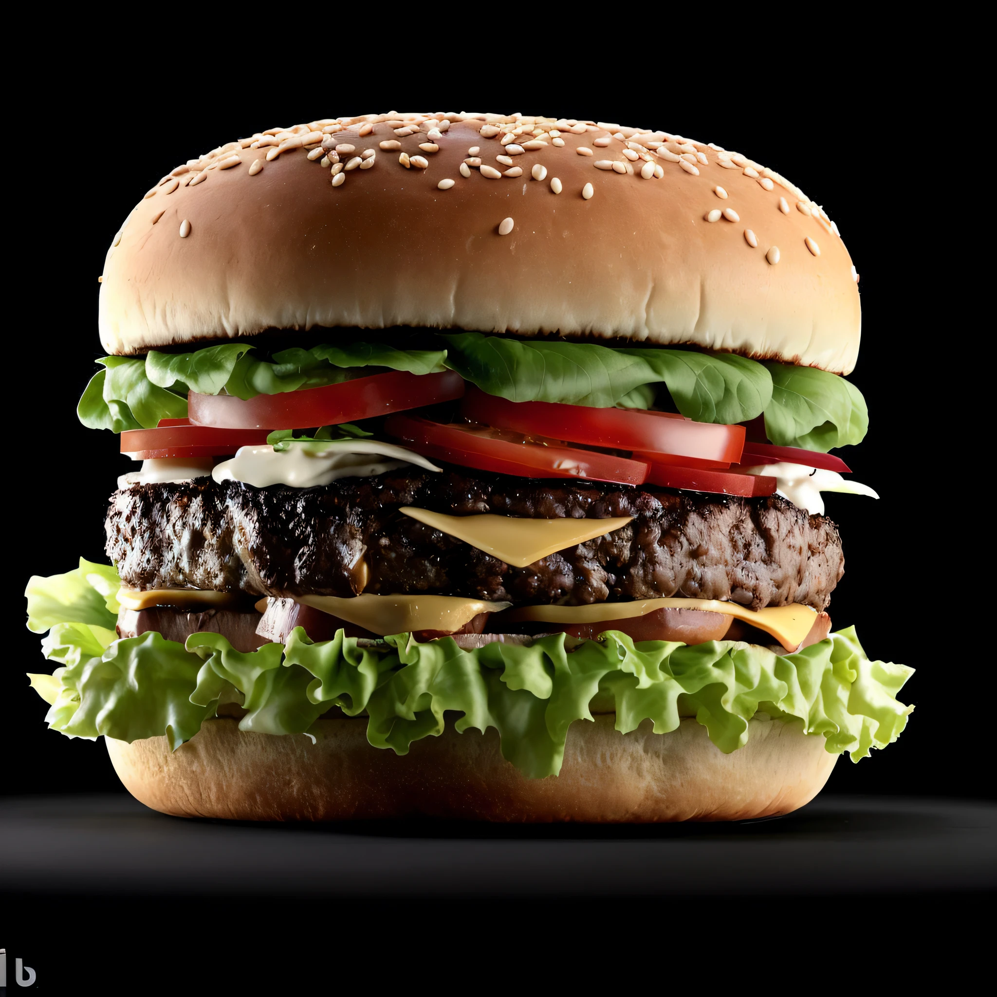 a close up of a hamburger with lettuce, tomato, cheese and onion, super realistic food picture, hyper realistic ”, hyper realistic”, hyper realistic detailed render, a hyper realistic, hamburger, burger, hyper realistic render, hyper - realistic render, hyper-realistic render, photorealistic cgi, big macs, realistic rendering, hyper realistic 3 d render, 16k hyper realistic photograph
