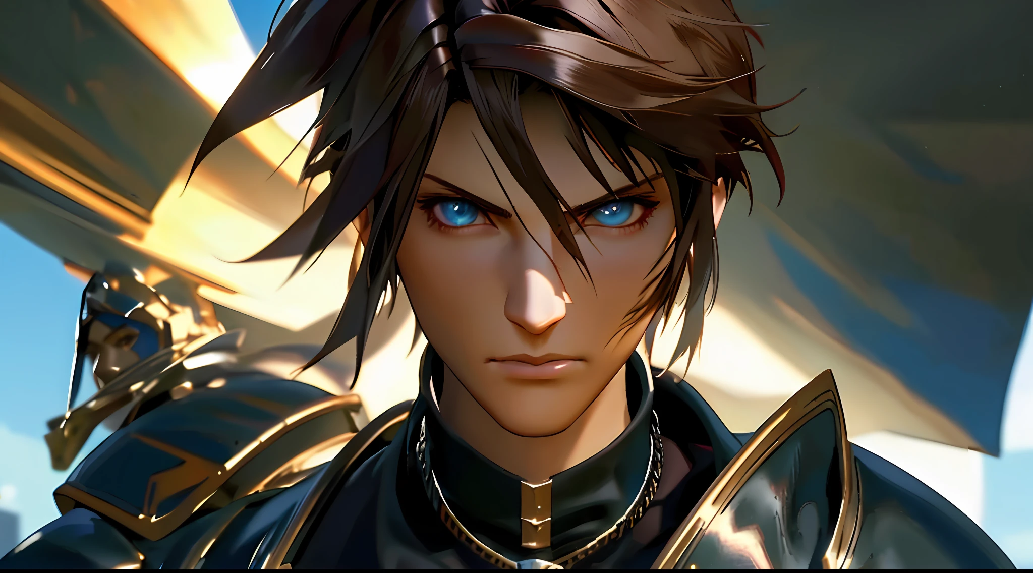 squall, black armor, full gauntlets, dark black full armor, dark fantasy, hair blowing in the wind, incomparable masterpiece, 8k uhd, perfect art, beautiful face, beautiful eyes, precise hands, dramatic lighting, ray tracing, symmetrical eyes
