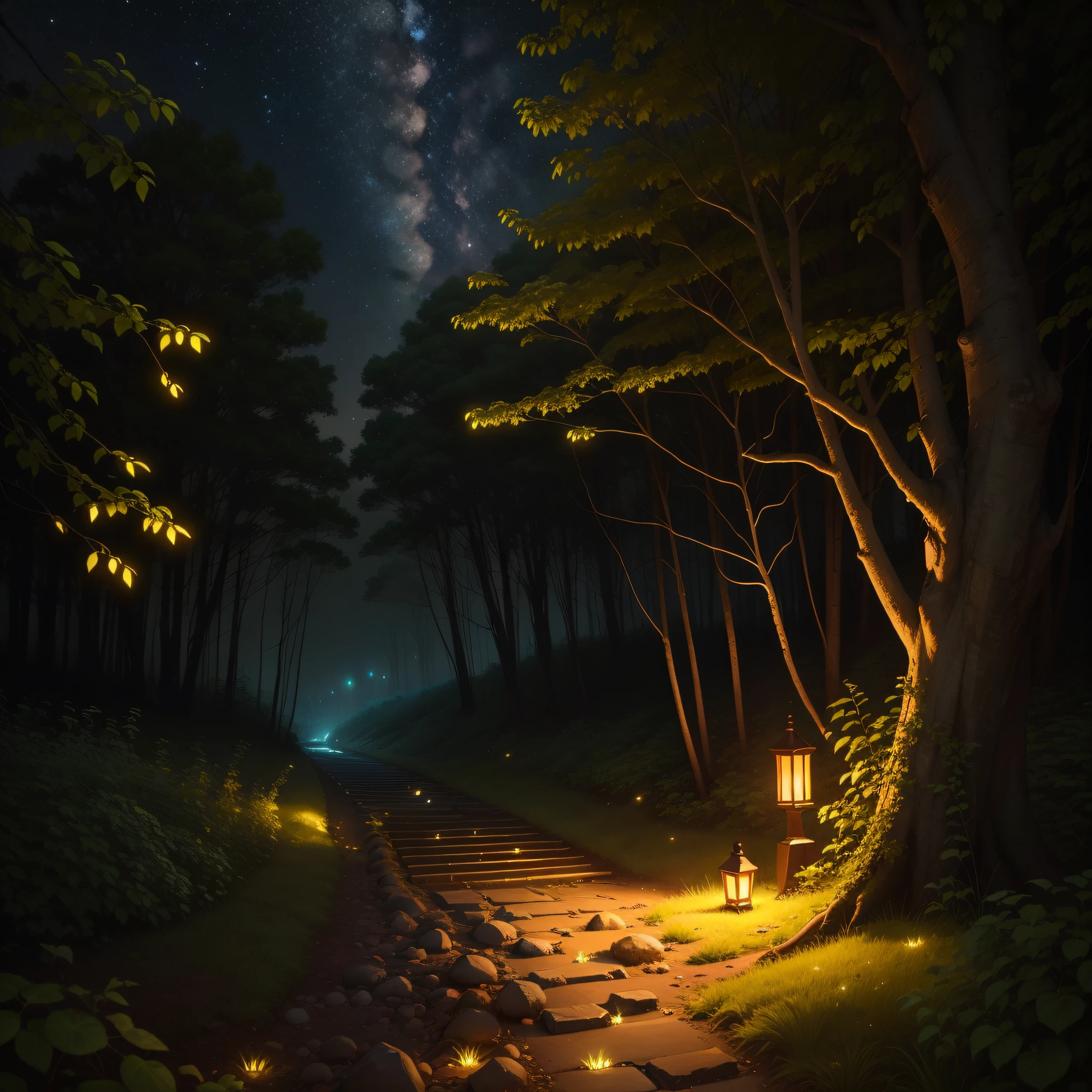 In nature at night, inherent light, luminescent glow of fireflies