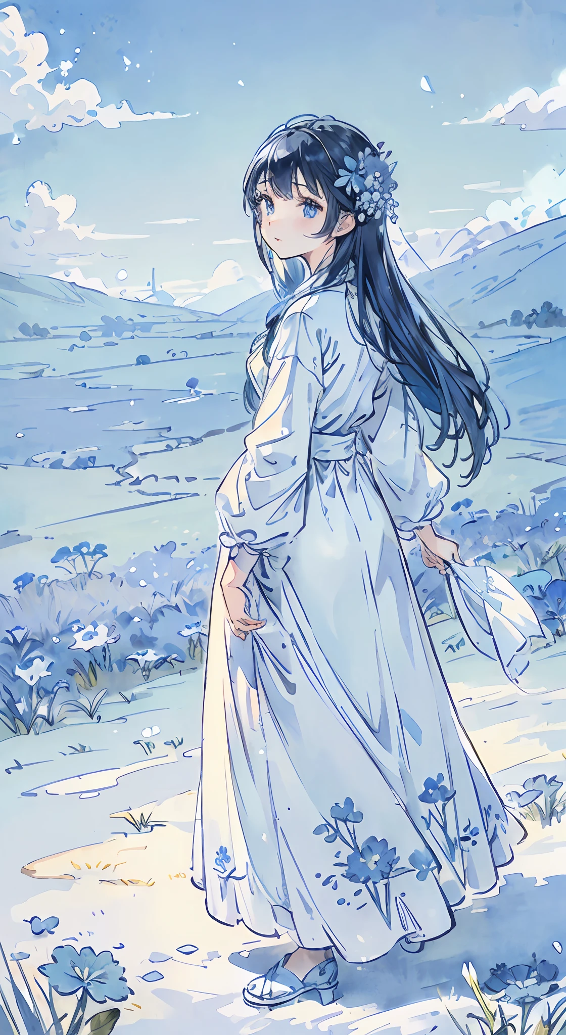 (absurdres, highres, ultra detailed, UHD, cinematic), solo, 1girl, mature, happy, girl standing in light blue flower field, light blue flower petal surrounding girl, full body, blue long hair girl, light blue hair, fantasy, dreamy, snowy, official art, pop art, profile, ultra detailed face, ultra detailed eyes, light blue flower field, ultra detailed field, white blue sky, cold, light blue, white,  nebula in the sky, blue tree, watercolor, pastel color