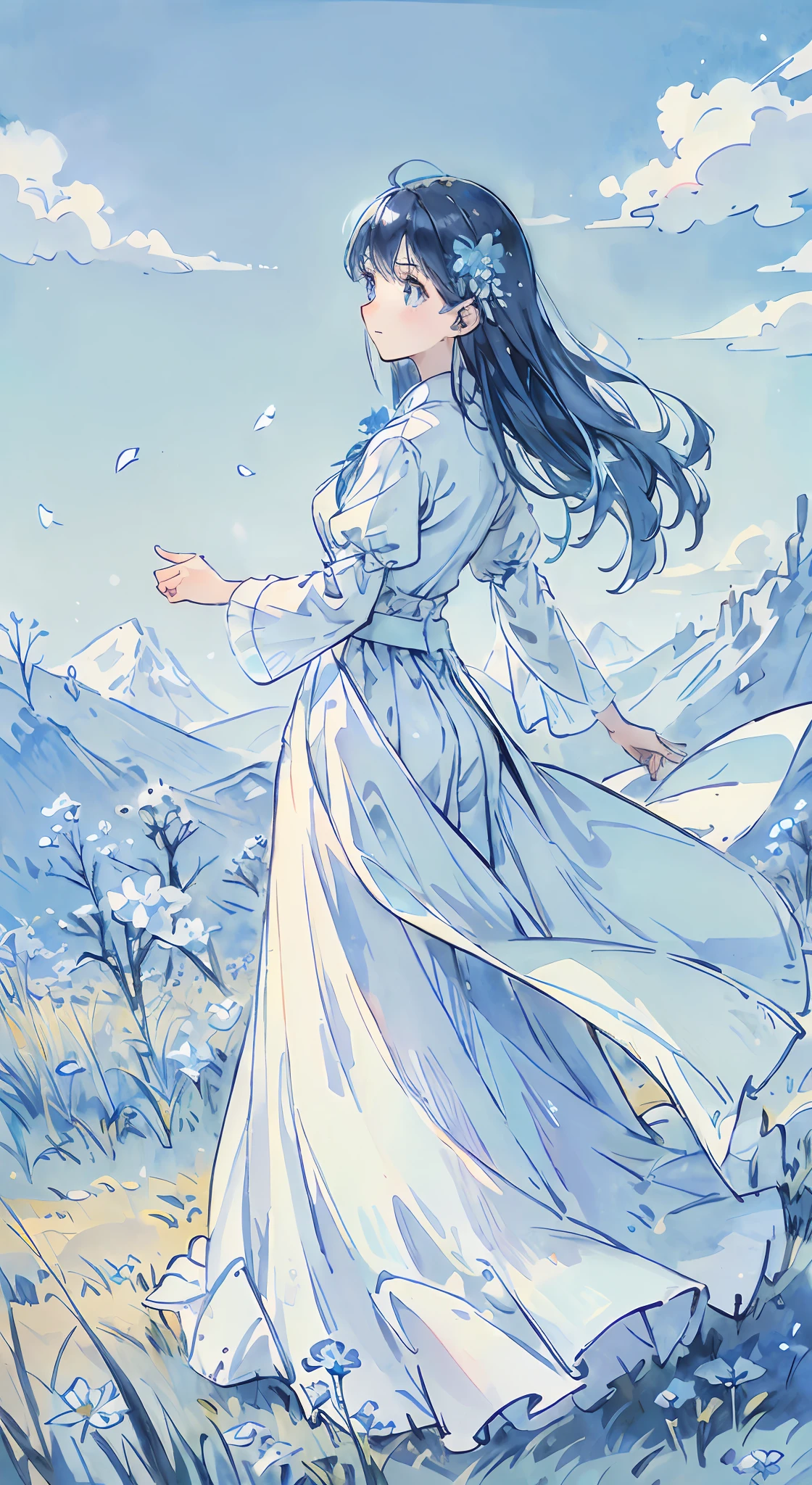(absurdres, highres, ultra detailed, UHD, cinematic), solo, 1girl, mature, happy, girl standing in light blue flower field, light blue flower petal surrounding girl, full body, blue long hair girl, light blue hair, fantasy, dreamy, snowy, official art, pop art, profile, ultra detailed face, ultra detailed eyes, light blue flower field, ultra detailed field, white blue sky, cold, light blue, white, nebula in the sky, blue tree, watercolor, pastel color