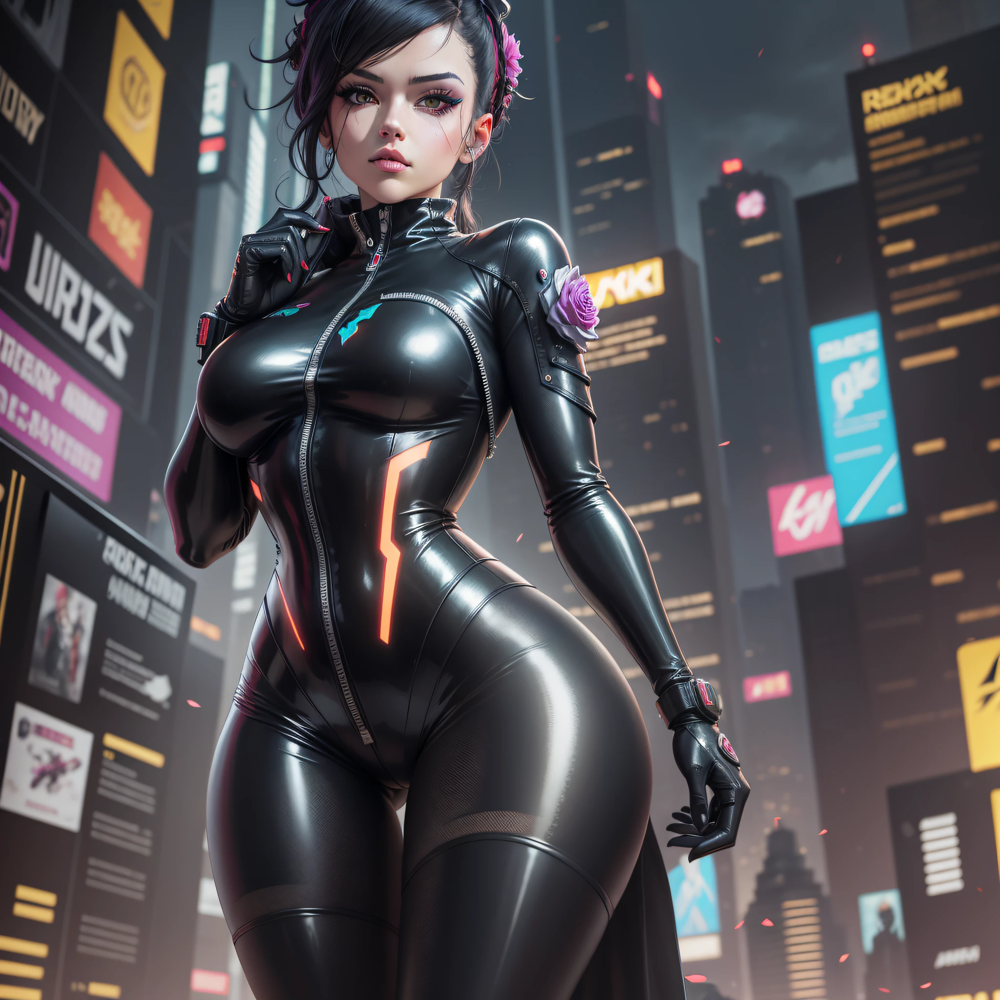 arafed woman in a black latex suit with a rose in her hand, oppai cyberpunk, female cyberpunk anime girl, cyberpunk cyborg. roses, digital cyberpunk anime art, cyberpunk 2 0 y. o model girl, digital cyberpunk - anime art, anime cyberpunk art, cyberpunk judy alvarez, cyberpunk flowerpunk, cyberpunk anime girl, cybersuit, cute cyborg girl --auto --s2