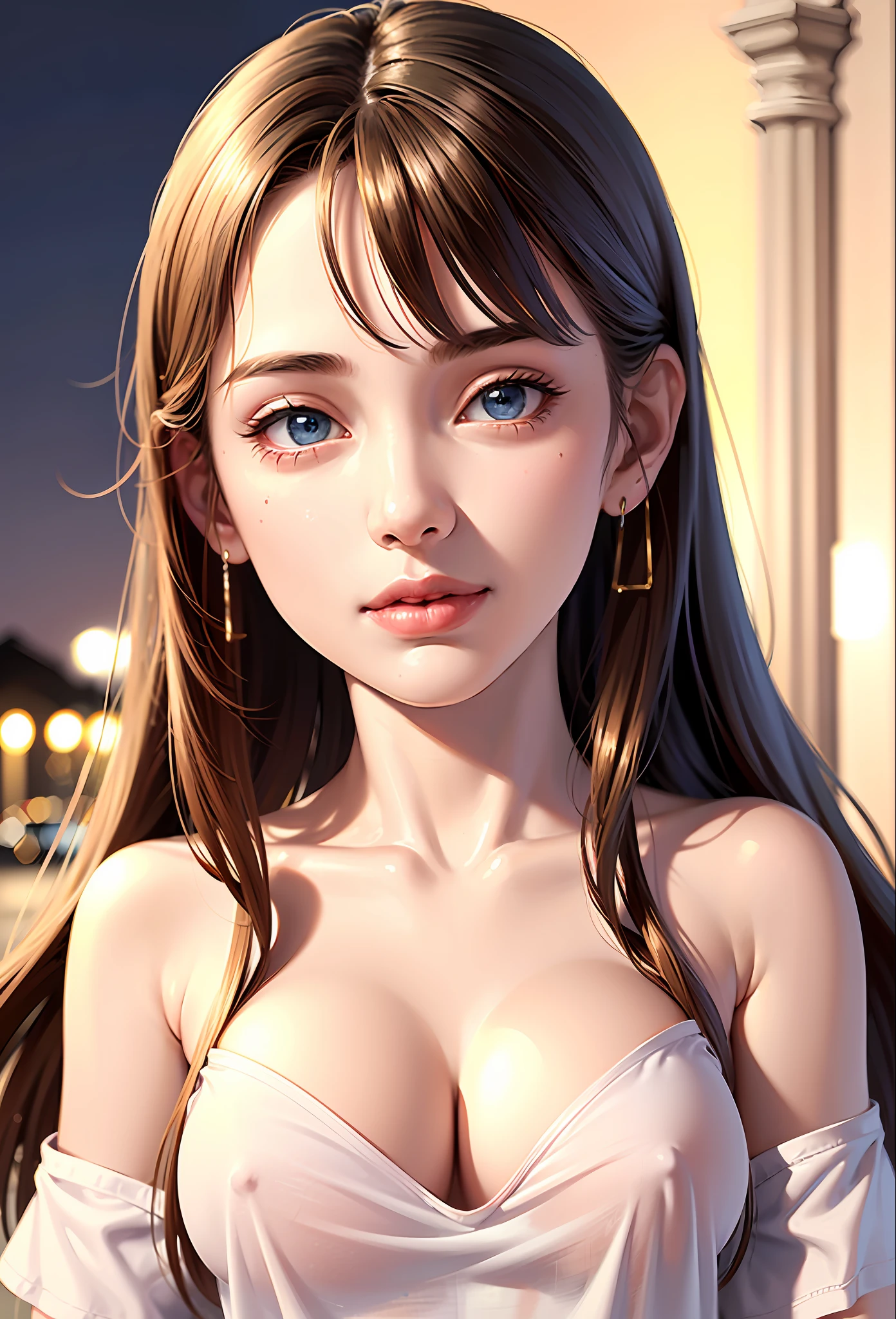 (best quality), (masterpiece), (high resolution),professional lighting, focus all body, night terrace, detailed background, 1girl, (beautiful face:2), fine skin, smile, long wave brown hair, sky blue eyes, (oversized clothes, white t-shirt:1.5), (off shoulder:1.2), (Medium beasts:1.35), nipple, (NSFW:1.175)
