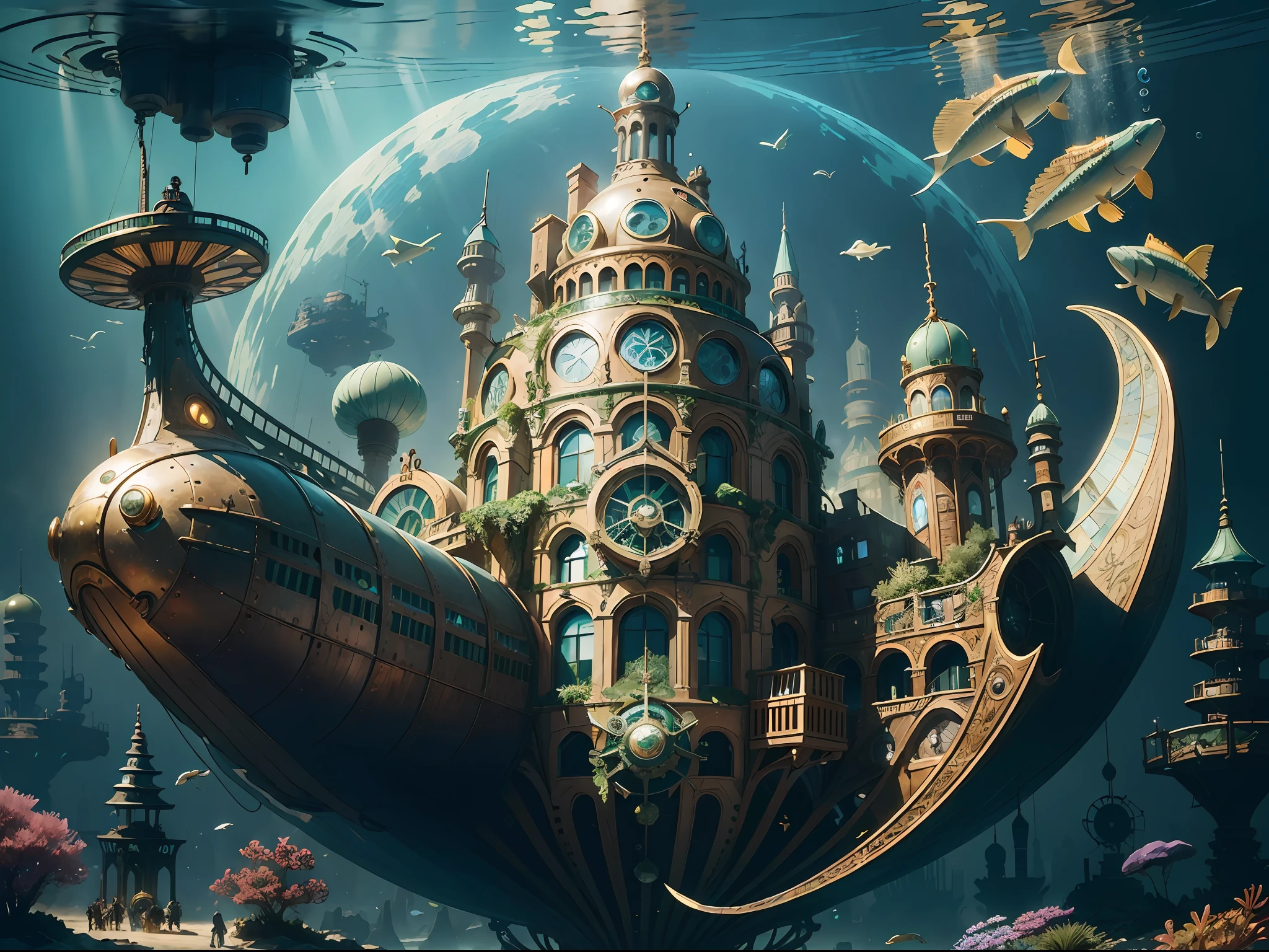 (((best quality))),(((ultra detailed))),(((masterpiece))), illustration, A steam punk underwater city full of copper-green buildings, with steam vehicles and mechanical creatures shuttling on the streets, and steam submarines and torpedoes cruising underwater. At the center of the city is a tall glass dome building, with a mysterious underwater garden inside. Full shot photo of the most beautiful artwork in the world featuring steam punk underwater city with steam vehicles, mechanical creatures, underwater garden, intricate details, high resolution, trending on social media, Instagram-worthy, futuristic, industrial, mechanical, vintage, retro-futuristic, cyberpunk, trending on ArtStation, trending on CGSociety, sci-fi, adventure, mystery, excitement, trending on DeviantArt.