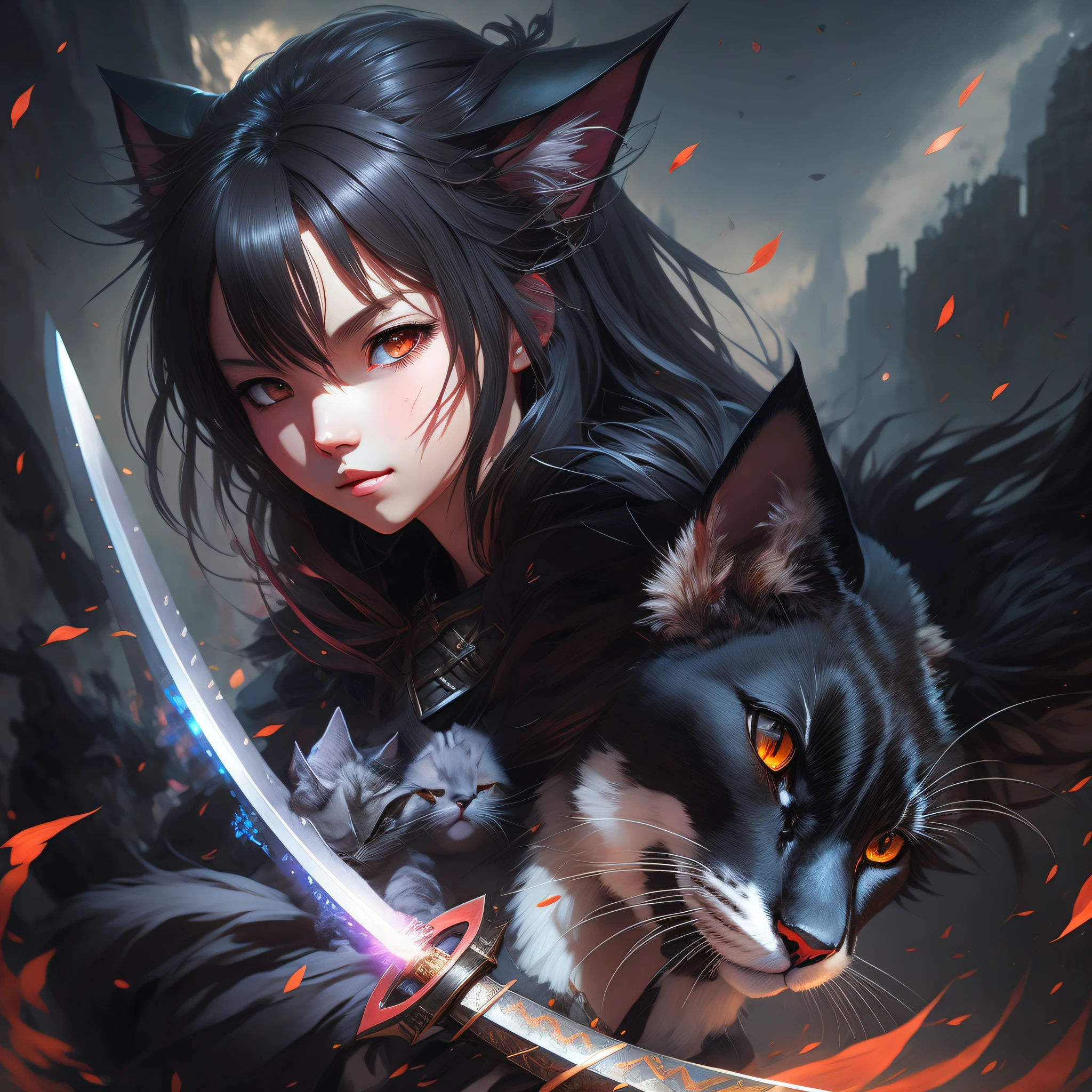 anime girl with sword and cat in front of a dark background, by Yang J, epic fantasy art style, artgerm and ruan jia, artgerm and ilya kushinov, epic fantasy digital art style, artgerm. anime illustration, ruan jia and artgerm, digital anime illustration, advanced digital anime art, artgerm and rossdraws