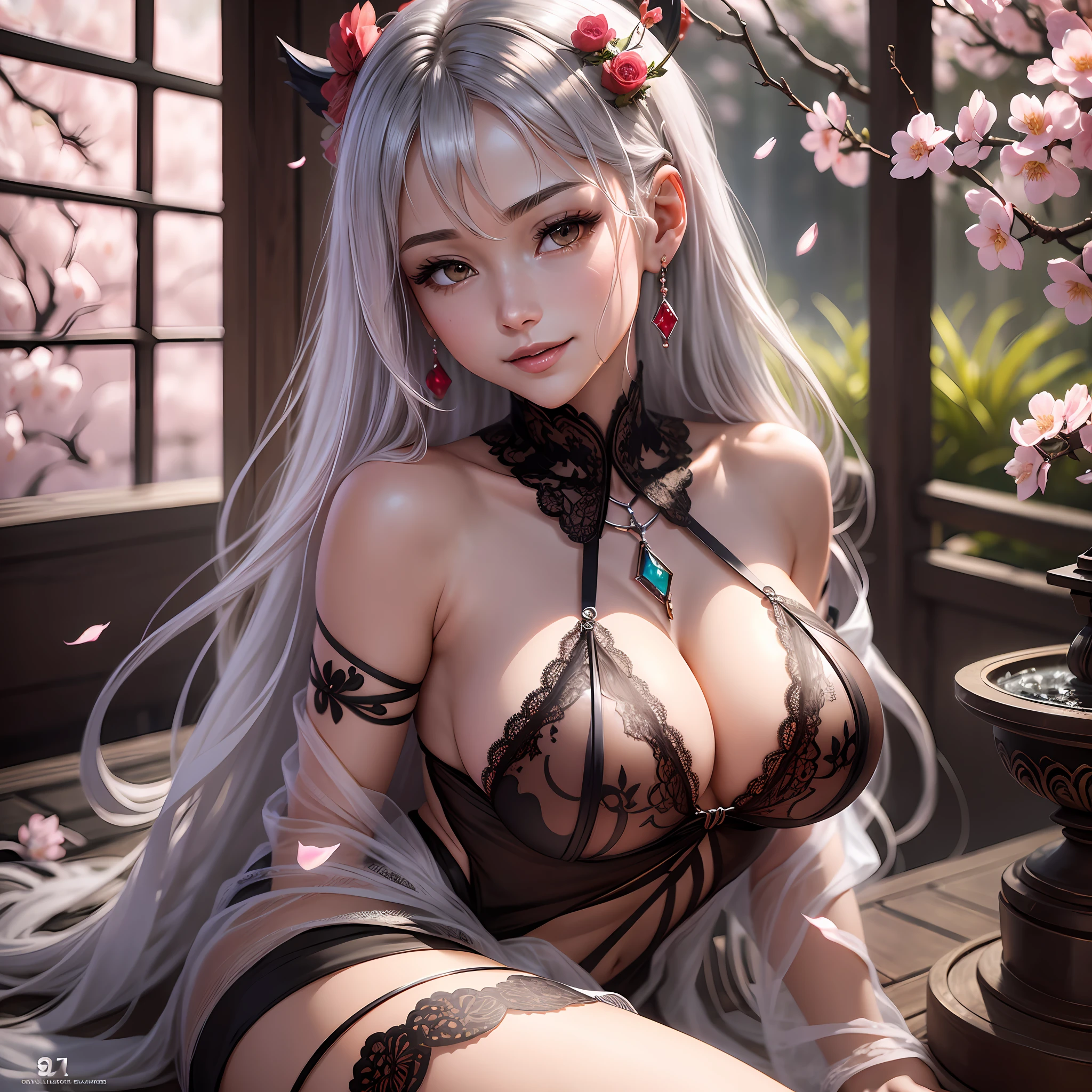 (Anime fantasy, highly detailed CG unity, 8K wallpaper, intricately detailed wallpaper, drama, real world, fantasy places, action frames, (Clear focus, 8K), 8K textures, soft cinematic lighting, Adobe Light, camera, HDR, complex and elegant, rich details, clear focus, (movie style)), soothing color tones, attention to detail, (complex details), ultimate detail, low detail contrast, soft cinema lighting, dark colors, blended exposure, HDR, fade, 35mm, f/1.4, ISO 64, F16, 25 seconds), (sexy poses, sexy positions, sexy, atmospheric, gorgeous, gorgeous), one woman, (young) (golden) silver jewelry (gemstone jewelry), (black long hair), flying long hair, (attractive facial features), clear red eyes, (pink lips), (large breasts), (mature), (smiling), (sheer white (lace) bikini, lace underwear: 1.2), (Japanese shrine, indoor, cherry blossoms, (hot springs), flowers, (torii gate), gemstones, diamonds, glitter, sapphire, ruby, emerald, pearl, smoke, amber, magic, obsidian, sloane), as if observing the audience. --auto --s2