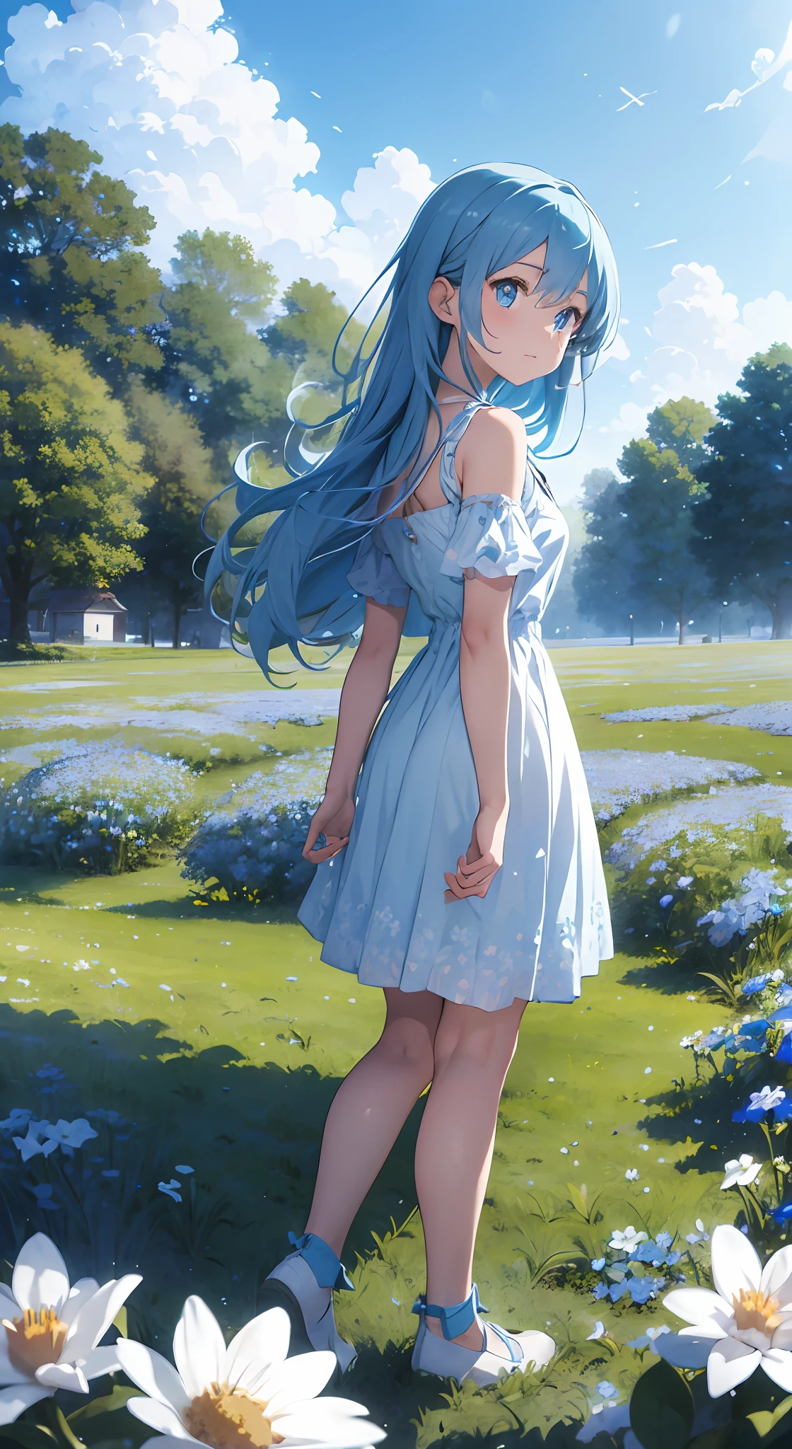 (absurdres, highres, ultra detailed, UHD, cinematic), solo, 1girl, mature, happy, girl standing in light blue flower field, light blue flower petal surrounding girl, full body, blue long hair girl, light blue hair, fantasy, dreamy, snowy, official art, pop art, profile, ultra detailed face, ultra detailed eyes, light blue flower field, ultra detailed field, white blue sky, cold, light blue, white, nebula in the sky, blue tree, watercolor, pastel color