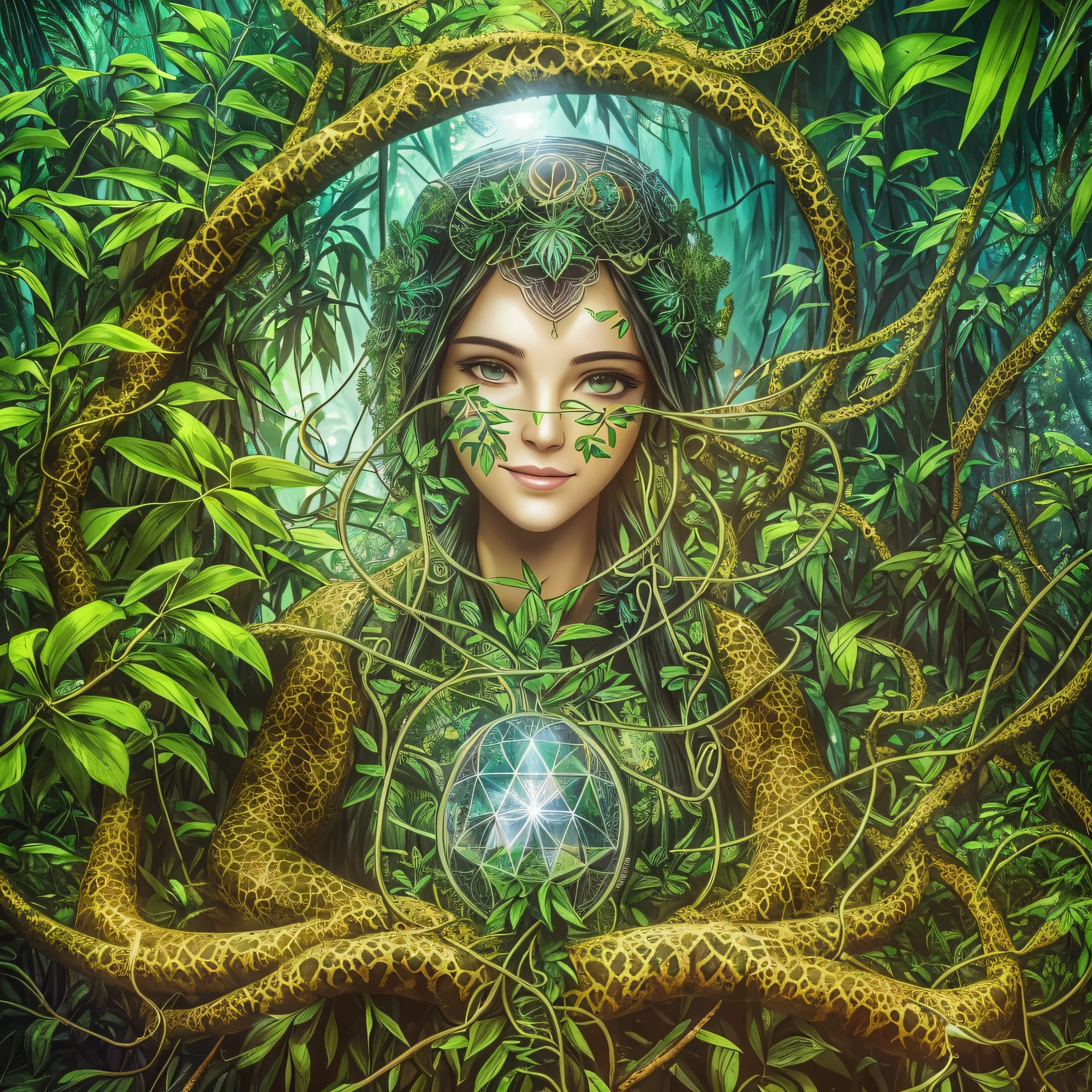 professional picture frame for social networks, face defined with bioluminescent painting by the body in the form of sacred geometry, flower of life as the basis of geometric pattern in nature behind the person, hr giger, vibrant colors, 3d render, tentacles, vines, leaves, forest (smile) (((Front Facing View)))), (Highly Detailed), Beautiful, Dazzling, (Portrait:1.2), Smile, confident, (Self-confidence), (Soft Light:1.5), Bright sun effect, (deep jungle atmosphere:1.6)