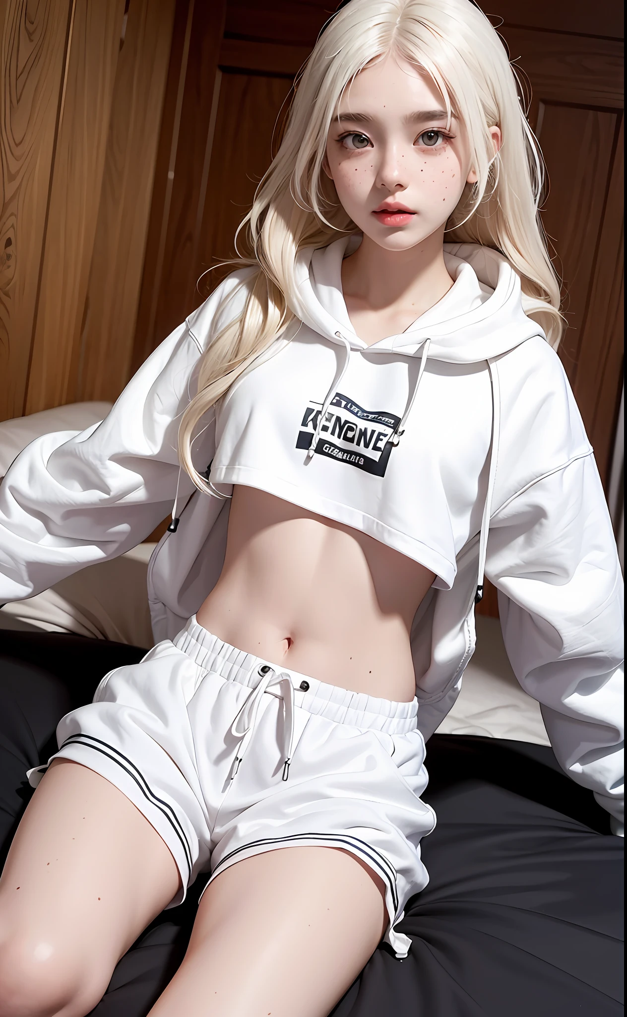 photorealistic, 8K, 1 girl, white wavy hair, Korean, heterochrome eyes, thick eyebrows, freckles, hoodie, white shorts, big, small waist, big thighs, on the bed small, young, flat chest