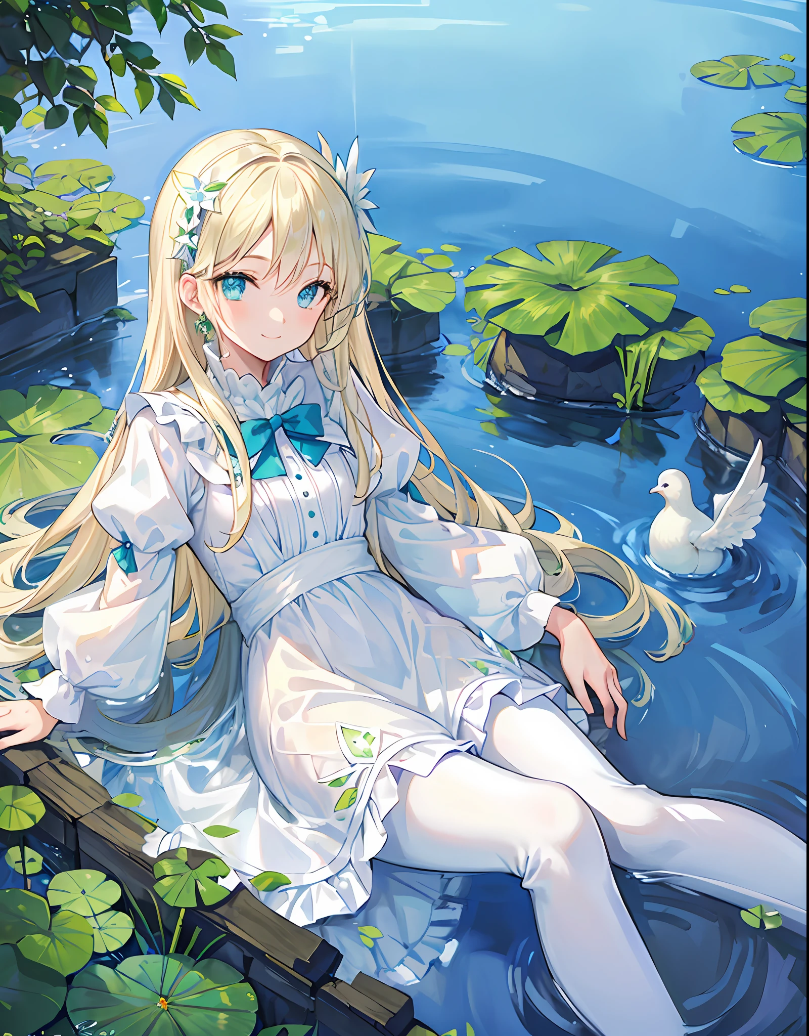 ((Best Quality, Masterpiece)), Blue Dress, White Ruffles, White Leggings, Ruins, Water Lily in the Pond, Thin Blonde, Long Hair, Long Eyelashes, Emerald Green Eyes, Alone, Dove, Forehead, Smile