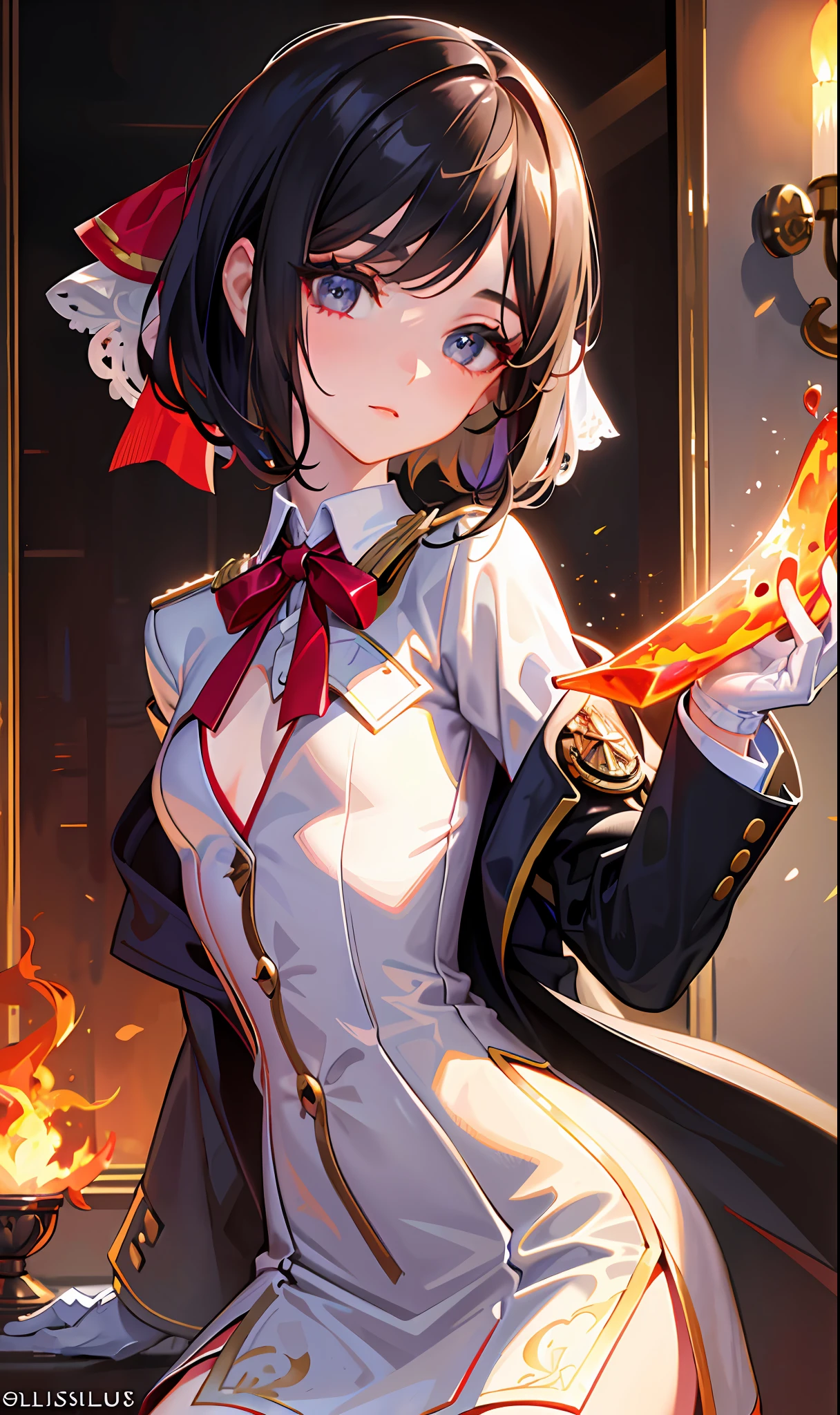 (masterpiece, sidelighting, finely detailed beautiful eyes: 1.2), (masterpiece*portrait), portrait, (bust), realistic, 3d face, lusious skin, ((solo)), (close-up of face), (fire opal beautiful eyes), hanging corner of the eye, ((high detail skin, Visible pores)), (perfect body), a beautiful steampunk girl, small breasts, ((uniform containing a bust-length small blazer)), (ribbon collar), (short gloves as short as half a palm)