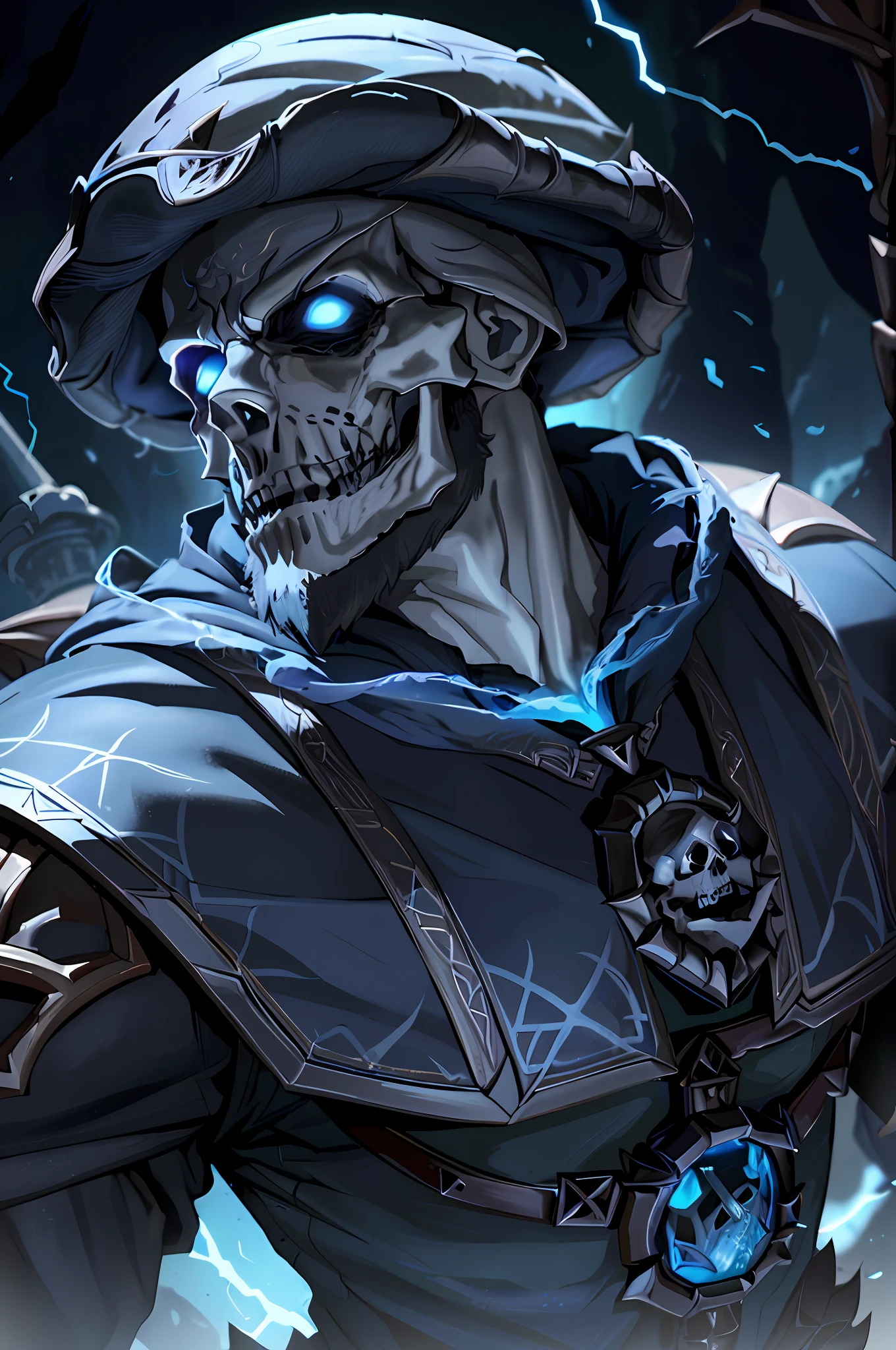 a close up of a person with a skull face and a hat, undead lich, lich, undead skeleton king, portrait of the old necromancer, lich vecna (d&d), undead mage, skeleton knight, d & d lich, portrait of the necromancer, skeleton king, skeleton warrior, 4k detailed digital art, detailed game art