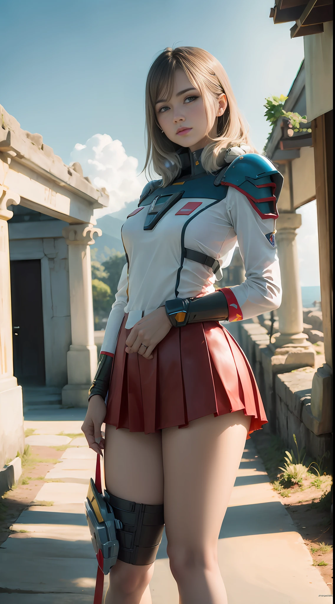 Mobile Suit Gundam, Temple Ruins, (inspired by the Avengers), Mobile Suit Gundam, Safety Rating, (8k, foto RAW, fotorrealista: 1, 25), (muito brilho labial, muitos cílios, melhor qualidade, ultra alta resolução, profundidade de campo, aberração Cromática, Luz Ampla, Cor Natural, distant images (1:2)