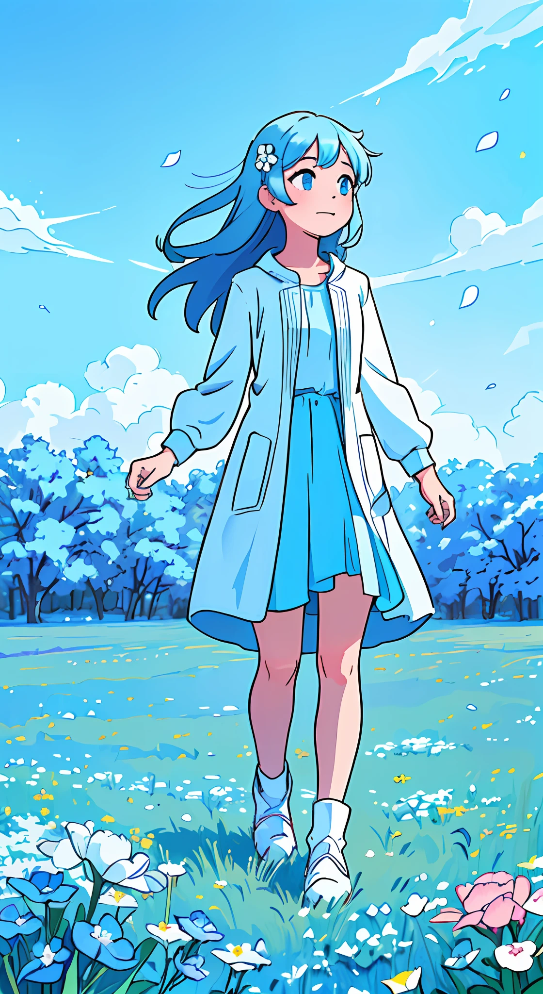 (absurdres, highres, ultra detailed, UHD, cinematic), solo, 1girl, mature, happy, girl standing in light blue flower field, light blue flower petal surrounding girl, full body, blue long hair girl, light blue hair, fantasy, dreamy, snowy, official art, pop art, profile, ultra detailed face, ultra detailed eyes, light blue flower field, ultra detailed field, white blue sky, cold, light blue, white,  nebula in the sky, blue tree, watercolor, pastel color