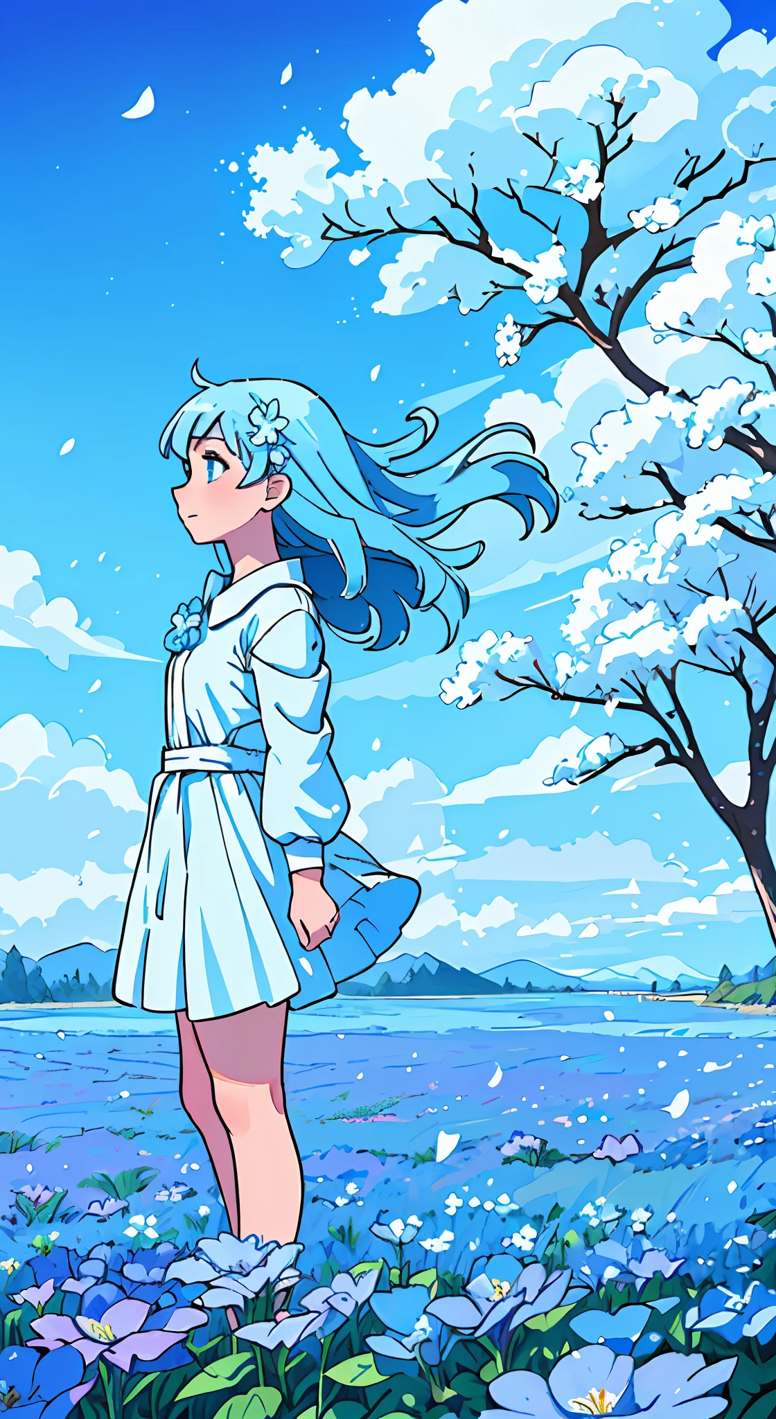 (absurdres, highres, ultra detailed, UHD, cinematic), solo, 1girl, mature, happy, girl standing in light blue flower field, light blue flower petal surrounding girl, full body, blue long hair girl, light blue hair, fantasy, dreamy, snowy, official art, pop art, profile, ultra detailed face, ultra detailed eyes, light blue flower field, ultra detailed field, white blue sky, cold, light blue, white, nebula in the sky, blue tree, watercolor, pastel color