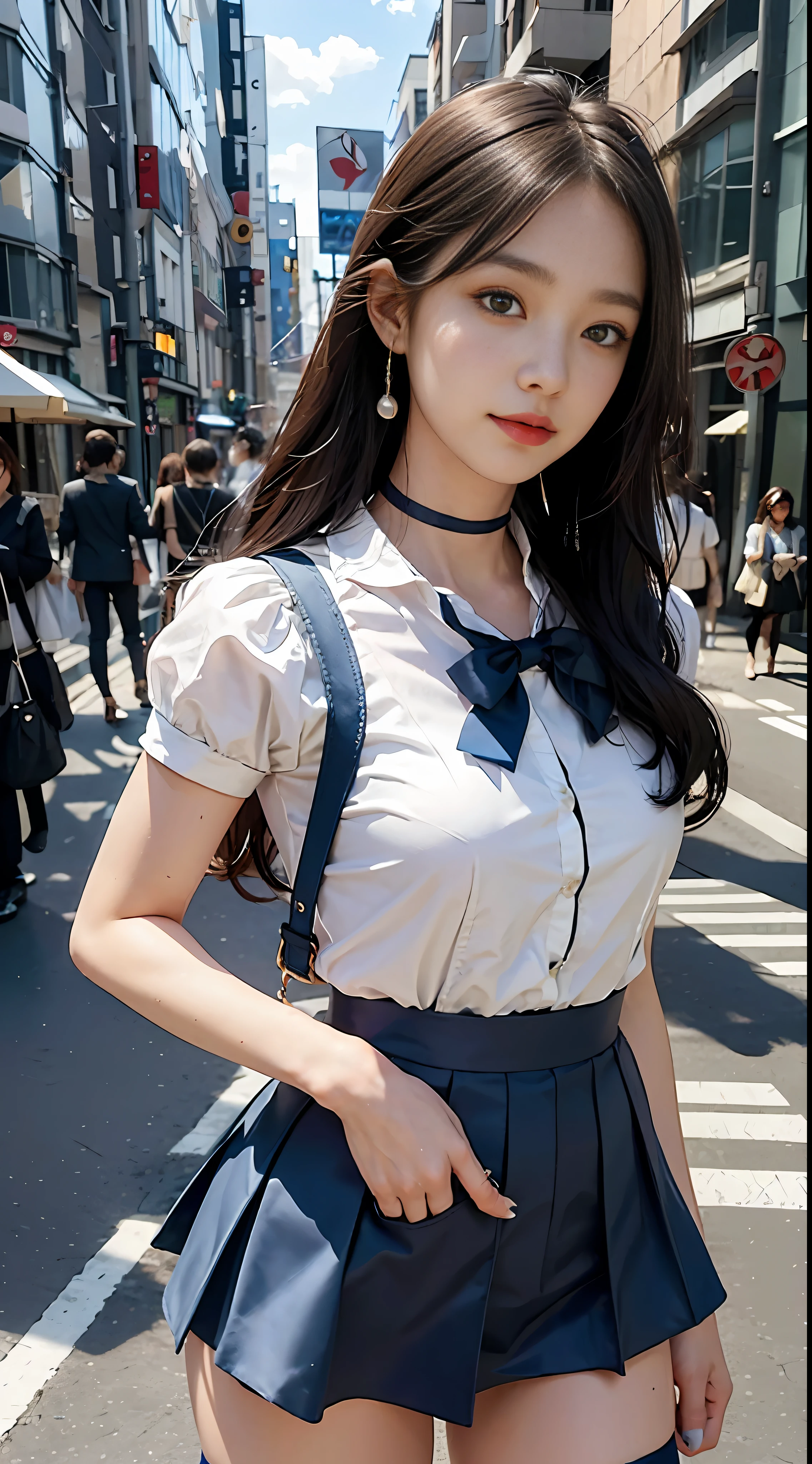 1girl, happy,smirk, Tokyo street, cityscape, city lights,day,.Flexing, close-up, 8k, RAW photo, best quality, masterpiece, realistic, photo-realistic, masterpiece,bestquality,highres,mer1,tiara,sailorsenshiuniform,long hair, stockings,bluesailorcollar,bow,kneeboots,choker,whitegloves,bluechoker,elbowgloves,jewelry,earrings,blueskirt, .