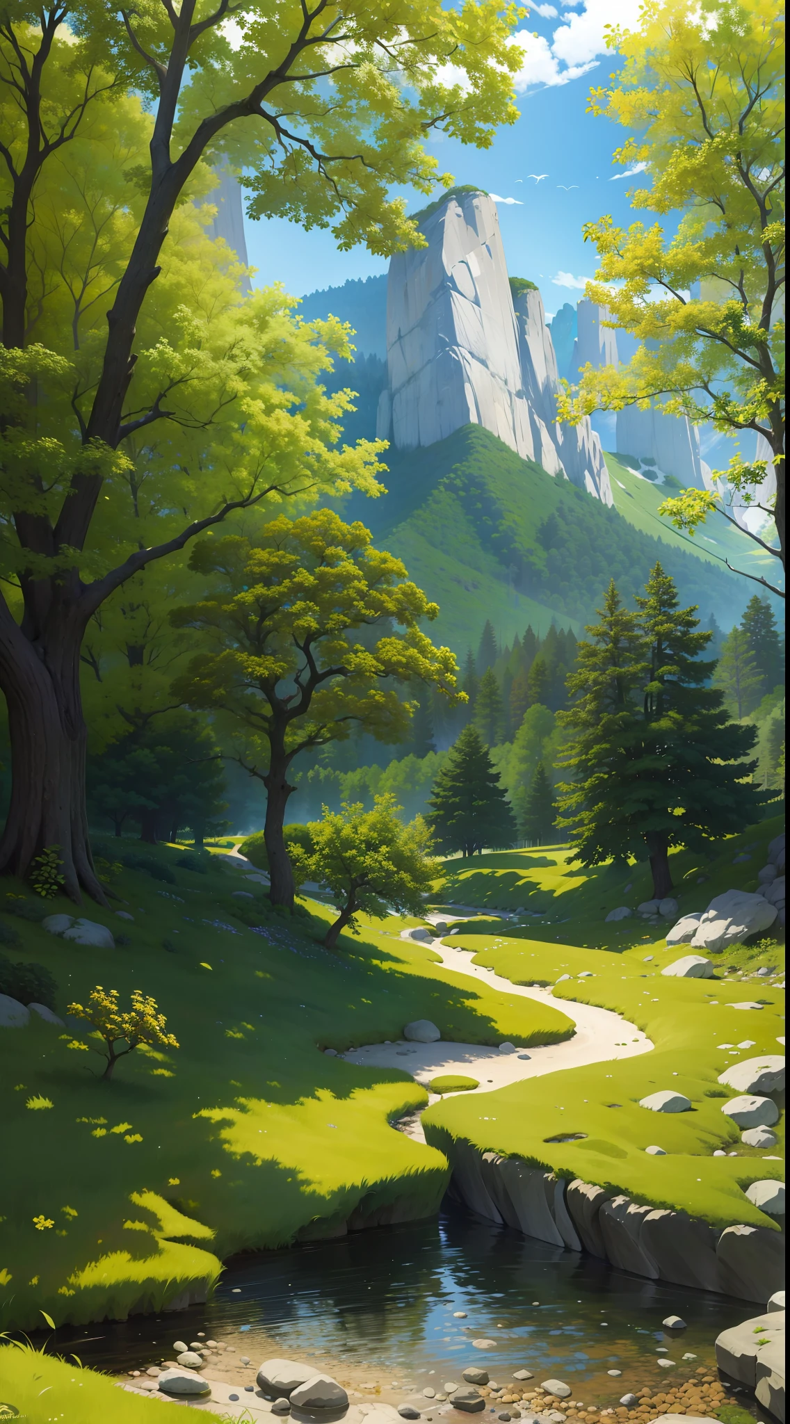 (Masterpiece, Best Quality, High Quality, Highres:1.4), Detailed, Extremely Detailed, Ambient Soft Lighting, 4K,

Outdoors, (Nature, Oak Forest:1.2), (Rocks:1.2), Mountais, Flowers, Plants,