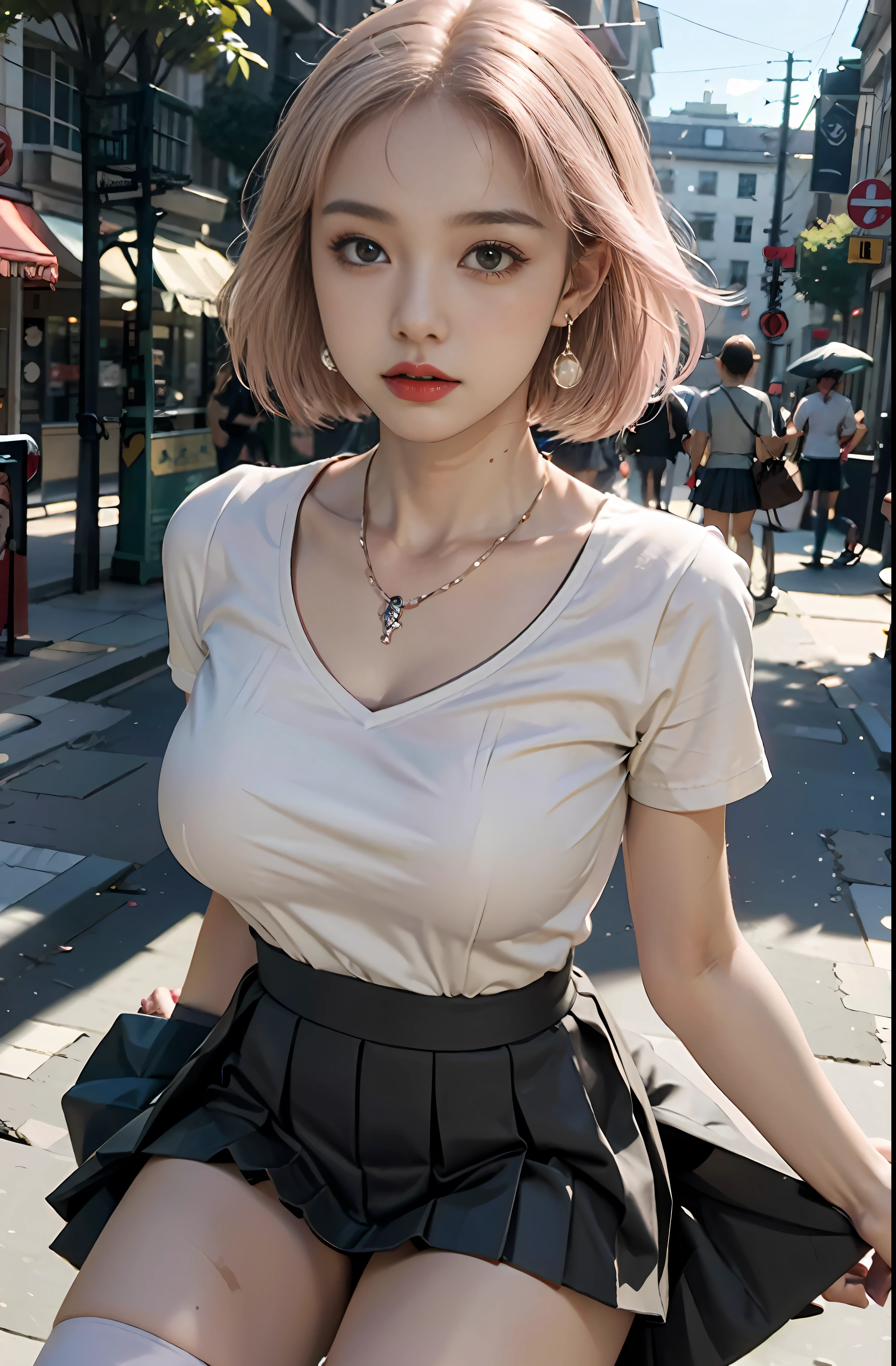 Large aperture f1.2, blurred, blurred background, masterpiece, 1 girl, waist up, faint smile, shiny skin, best quality, masterpiece, (realistic: 1.4), school uniform, pleated skirt, black stockings, background blur, focus on person, (large aperture: 1.2), pink hair, necklace, earrings, japanese street, night