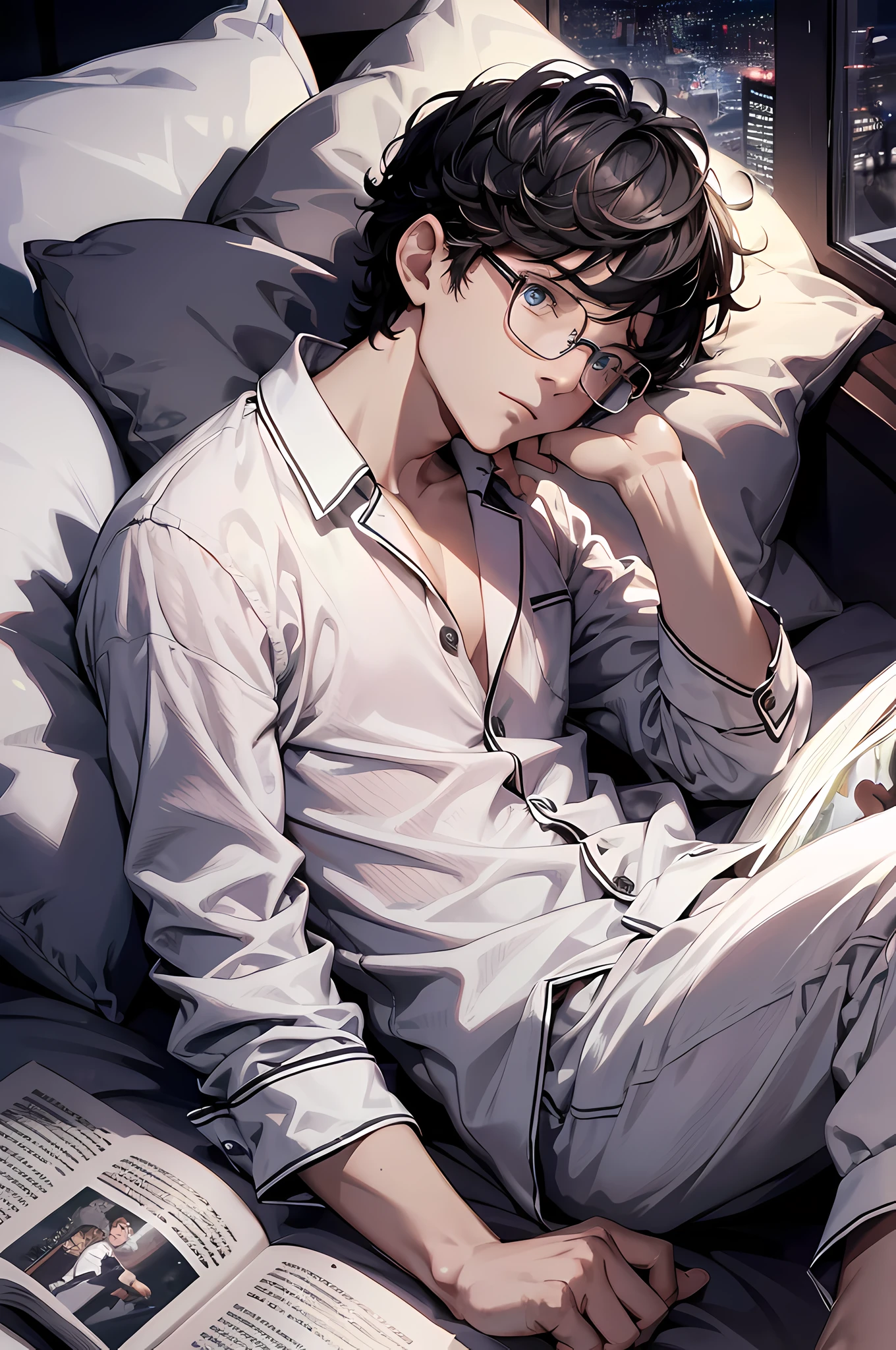 (absurdres, highres, ultra detailed), masterpiece, best quality, a boy in pajama laying in bed, reading book, solo, handsome, short hair, finely eye and detailed face, dark midnight background, dimly bedroom, glasses, resting on pillow, head on pillow, from side, look at viewer, full body view