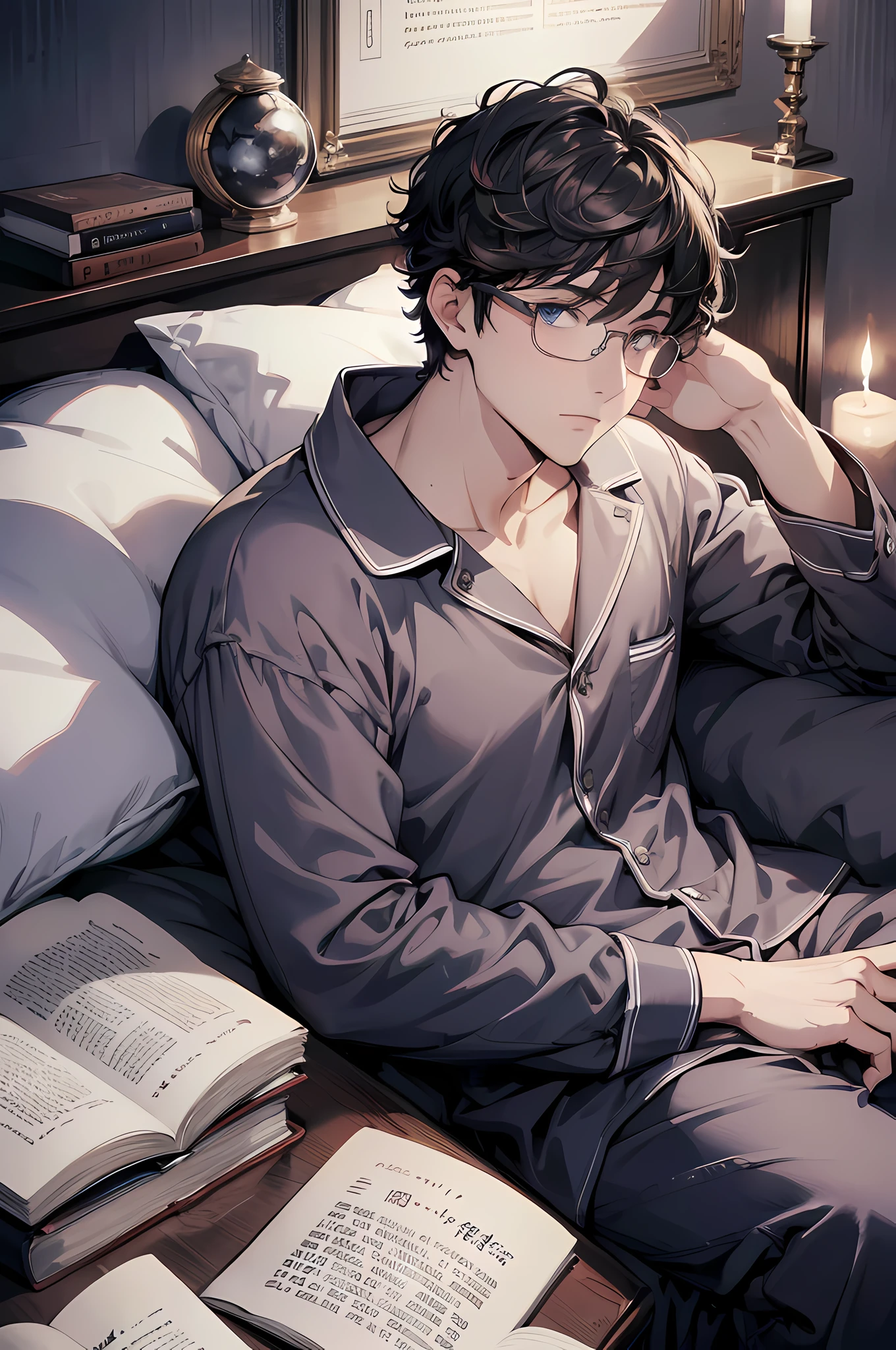 (absurdres, highres, ultra detailed), masterpiece, best quality, a boy in pajama laying in bed, reading book, solo, handsome, short hair, finely eye and detailed face, dark midnight background, dimly bedroom, glasses, resting on pillow, head on pillow, from side, look at viewer, full body view