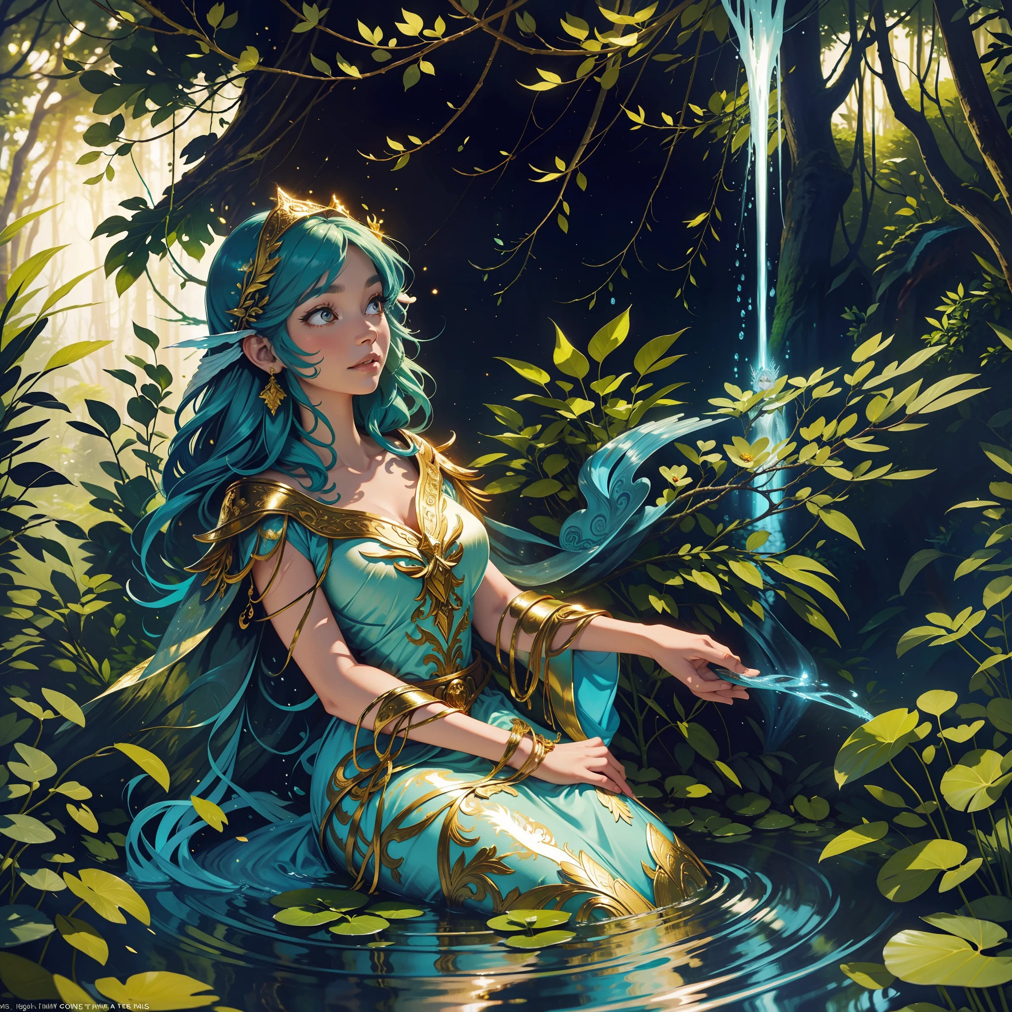 The image depicts an angel woman falling gracefully down a stream into an enchanted forest. The flowing water has a golden blue glow, and the tall trees form a verdant canopy above it. Its dark wings with touches of gold reflect the soft light filtered through the treetops. Their delicate presence brings a sense of peace and protection to the forest environment.
