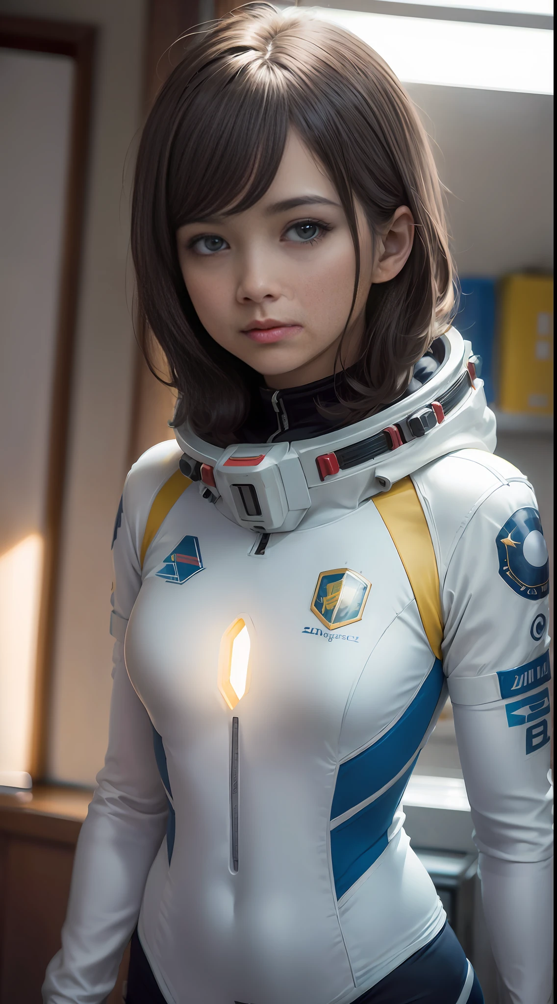 Spacesuit, Space Capsule, (inspired by the Avengers), Mobile Suit Gundam, Safety Rating, (8K, Foto RAW, Fotorrealista: 1, 25), (Muito Brilho Labial, Muitos Cílios, Melhor Qualidade, Ultra Alta Resolução, Profundidade de Campo, Aberração Cromática, Luz Ampla, Cor Natural, distant images (1:2)