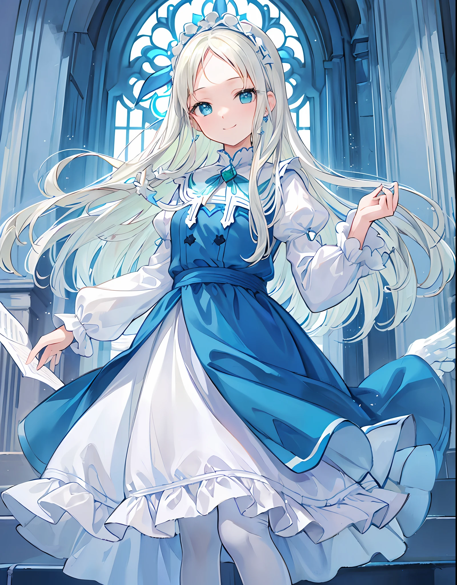 ((best quality, masterpiece)), blue dress, white ruffles, white leggings, church with light, pale blonde, long hair, long eyelashes, emerald green eyes, one, pigeon, forehead, smile