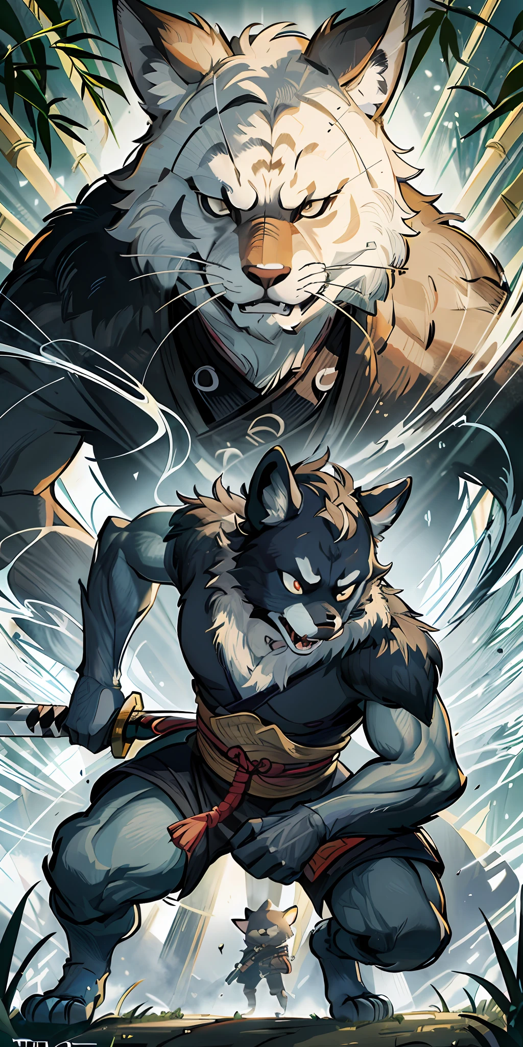 Top quality ultra-fine illustrations, movie poster, Zatoichi, Blind Swordsman (bamboo forest, dark night with beautiful full moon, rays of light through bamboo, backlighting, Tyndall phenomenon) (beautiful face and eyes with great detail) absurdres perfect anatomy ((Beastman))) (furry, pair, 1boy, 1girl, Japanese kimono, ninja, sword with blue flames, battle duels, concentration lines) furry anthro:1.7) ((((furry body, animal facial features, animal body features)))) ((((animal muzzle highly detailed fur)))) full body, sturdy look, shouting, combat regime (dynamic pose),
