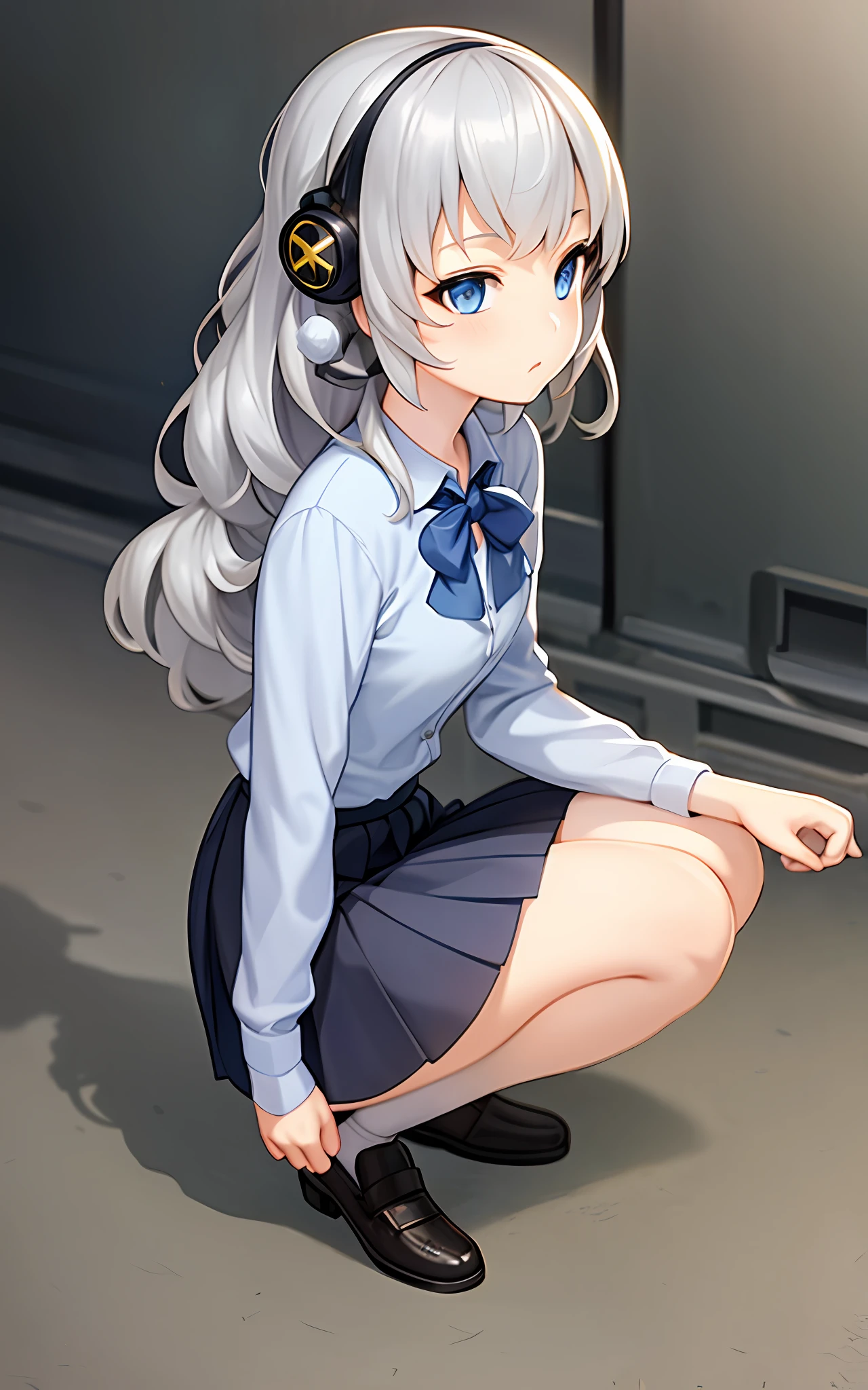 girl, solo, skirt takushi, bink panties, plain clothes (casual, summer clothes), sheer bra, silver hair, blue eyes, wavy hair, microskirt, college student, anime girl in uniform sitting on floor with skirt open, surreal schoolgirl, surreal schoolgirl, beautiful anime girl squatting, anime girl squatting, realistic schoolgirl, Small curvaceous loli, fine details. Girls Frontline, (SFW) from Safe, Seductive Anime Girls, Cute Schoolgirls, Girls Frontlines to Work